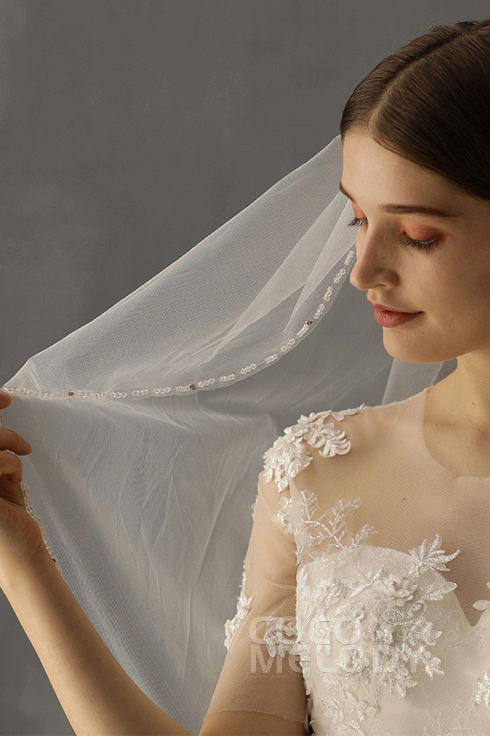 One-tier Beaded Edge Tulle Waist Veils with Beading CV0207 - COCOMELODY