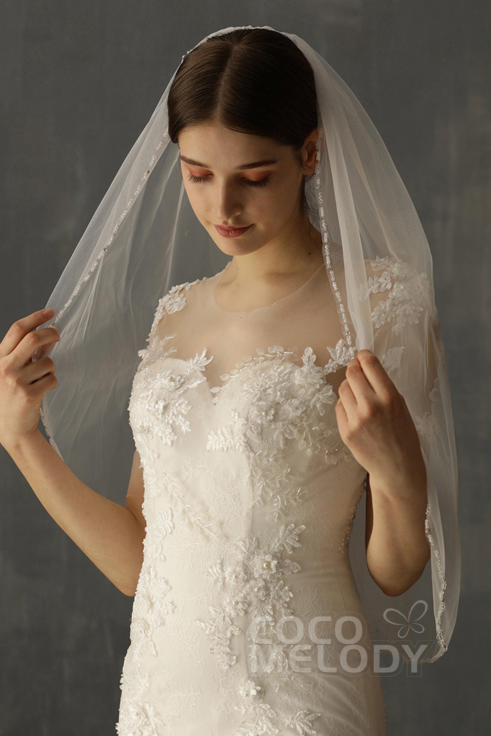 One-tier Beaded Edge Tulle Waist Veils with Beading CV0207 - COCOMELODY