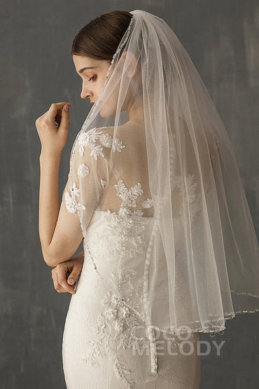 One-tier Beaded Edge Tulle Waist Veils with Beading CV0207