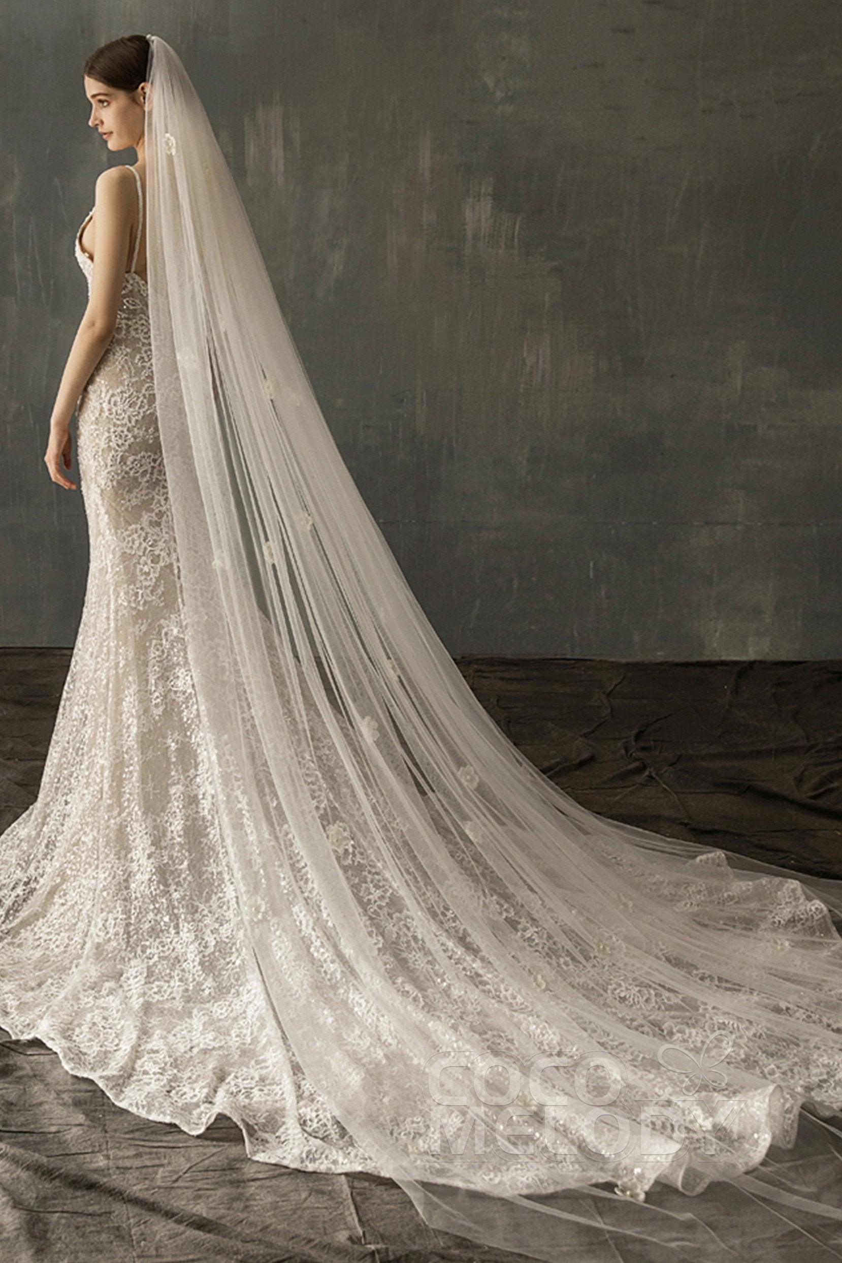 One-tier Cut Edge Tulle Cathedral Veils with Flower CV0208 - COCOMELODY