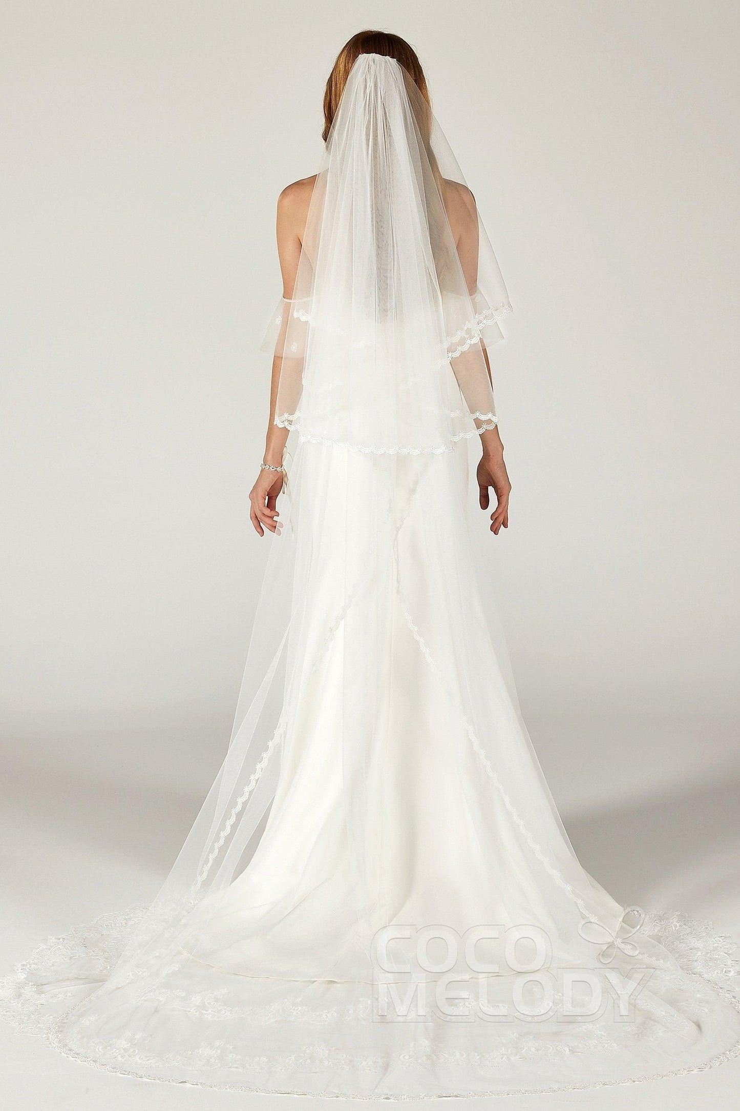 Two-tier Lace Edge Tulle Chapel Veils with Appliques CV0210