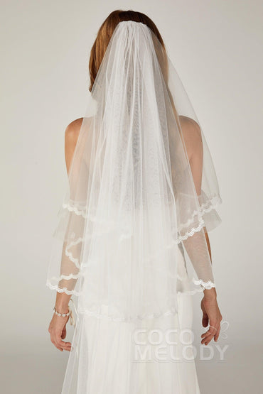 Two-tier Lace Edge Tulle Chapel Veils with Appliques CV0210 - COCOMELODY