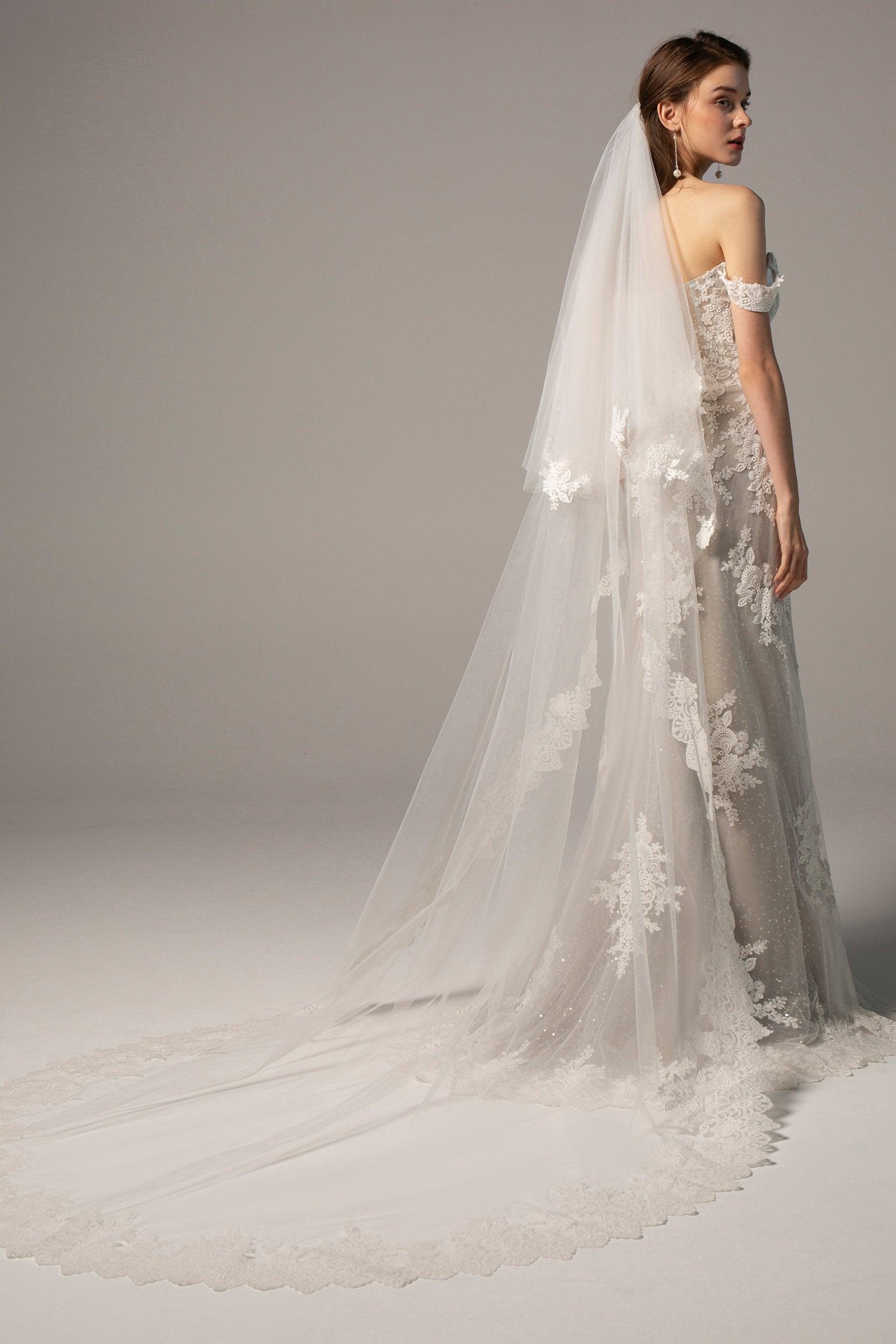 Two-tier Lace Edge Tulle Cathedral Veils Appliques CV0213 - COCOMELODY