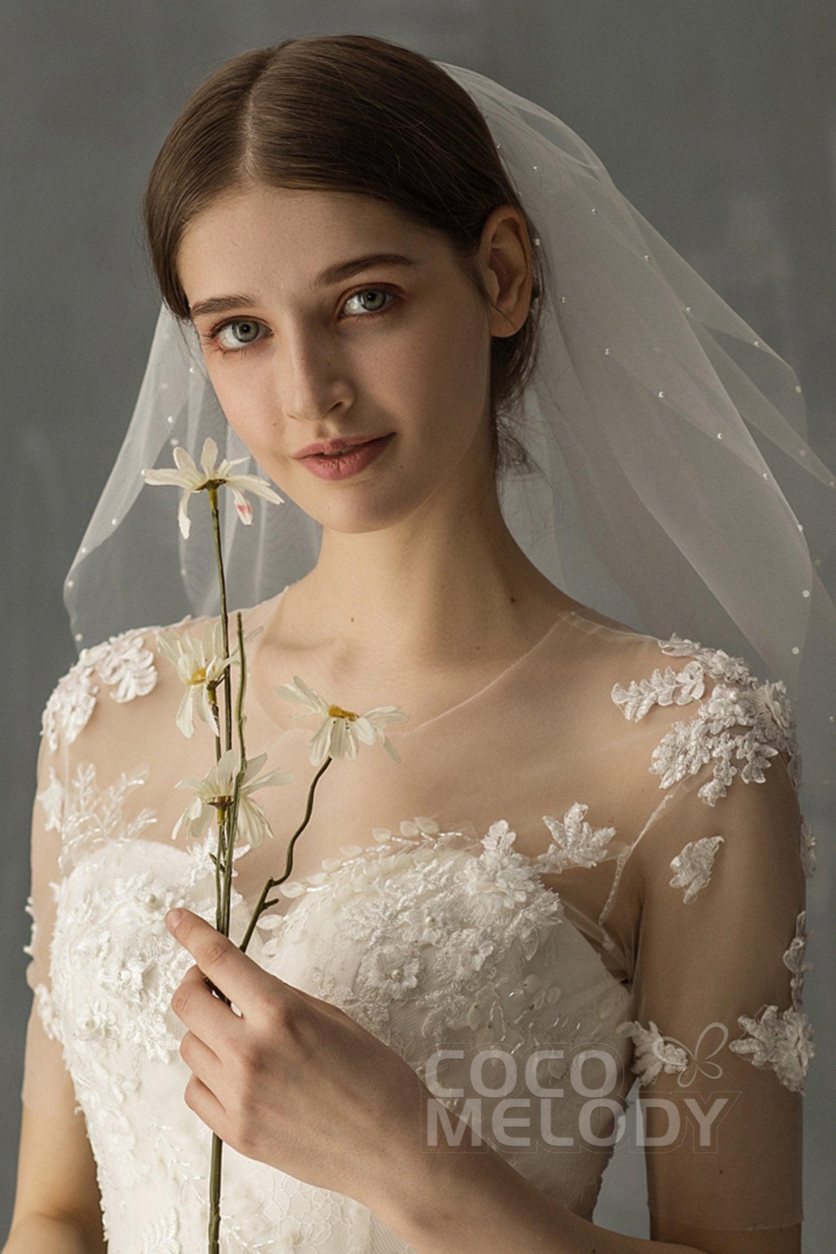 Two-tier Beaded Edge Voile Shoulder Veils Beading CV0220 - COCOMELODY