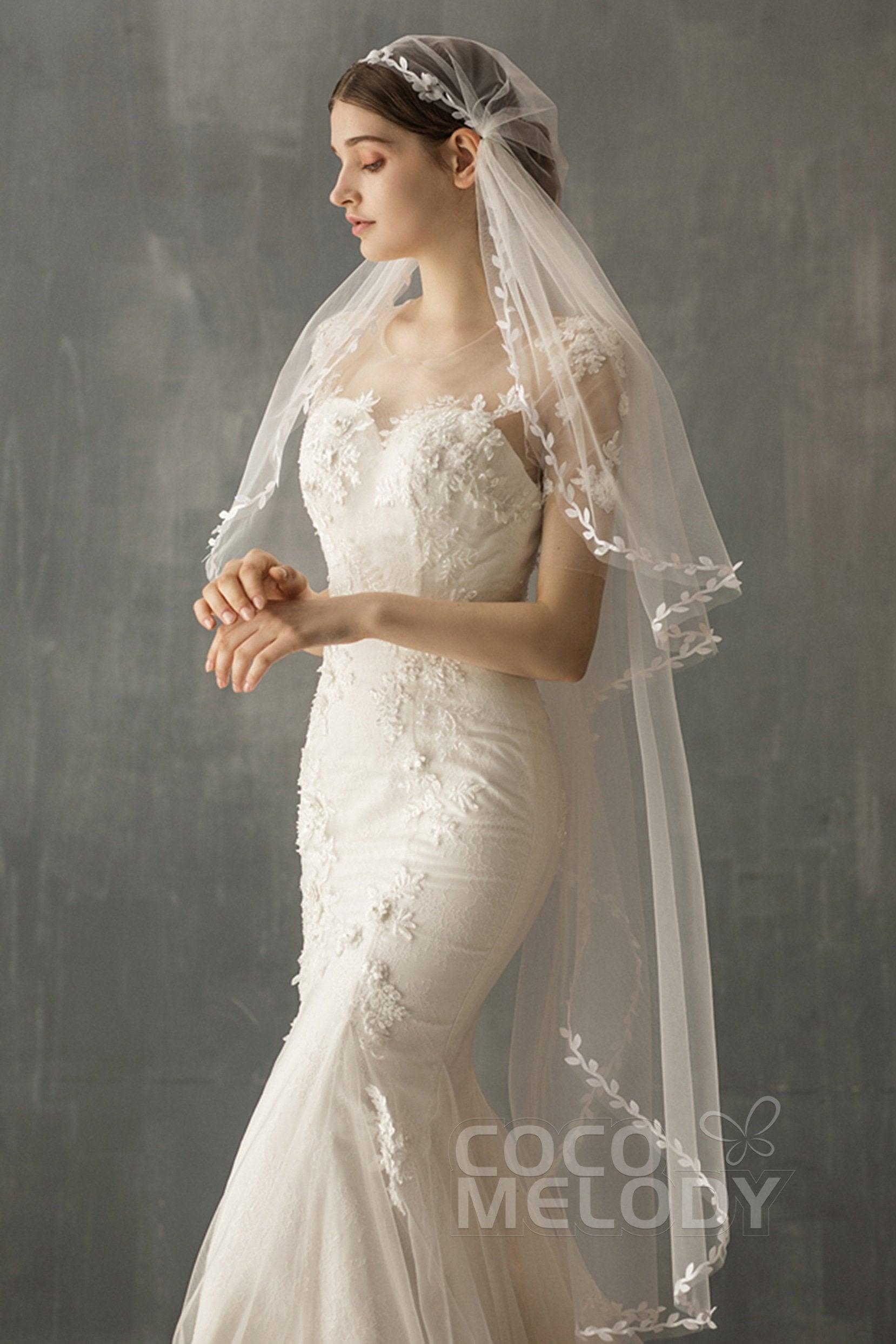 One-tier Lace Edge Voile Tea Veils with Appliques CV0222 - COCOMELODY