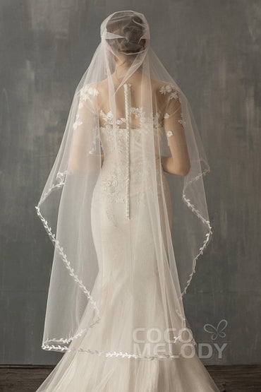 One-tier Lace Edge Voile Tea Veils with Appliques CV0222