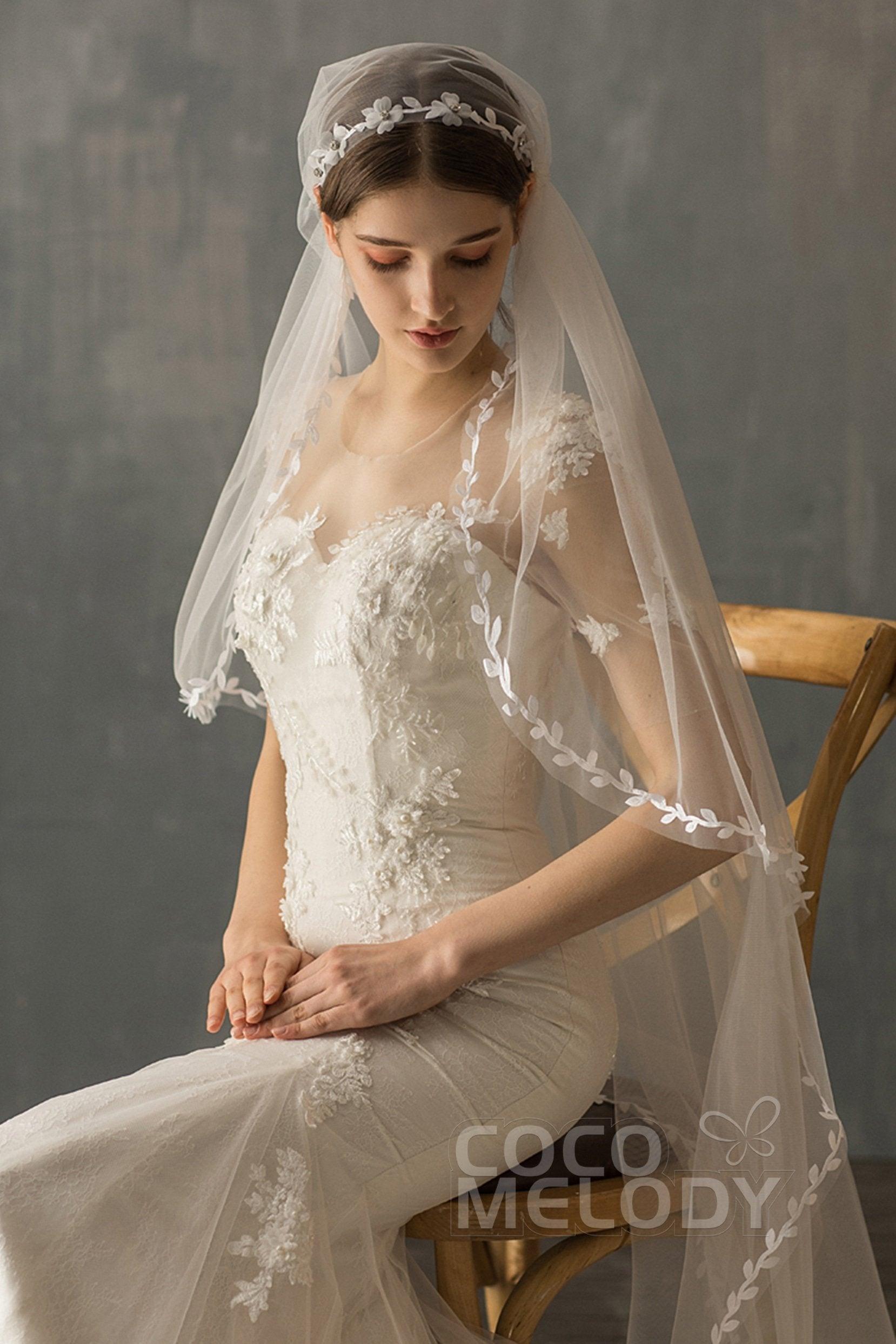 One-tier Lace Edge Voile Tea Veils with Appliques CV0222 - COCOMELODY