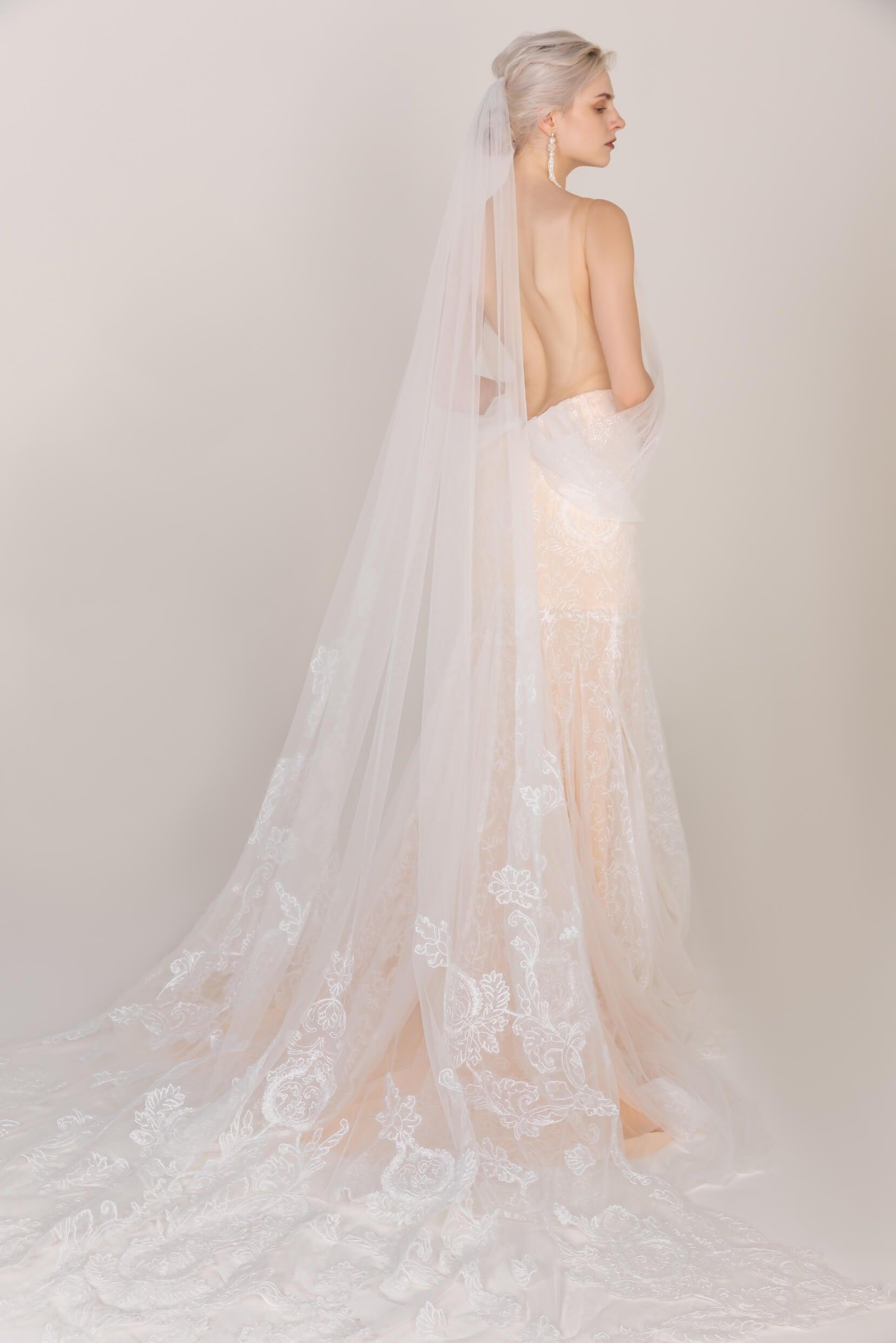 One-tier Lace Edge Tulle Cathedral Veils Appliques CV0245 - COCOMELODY