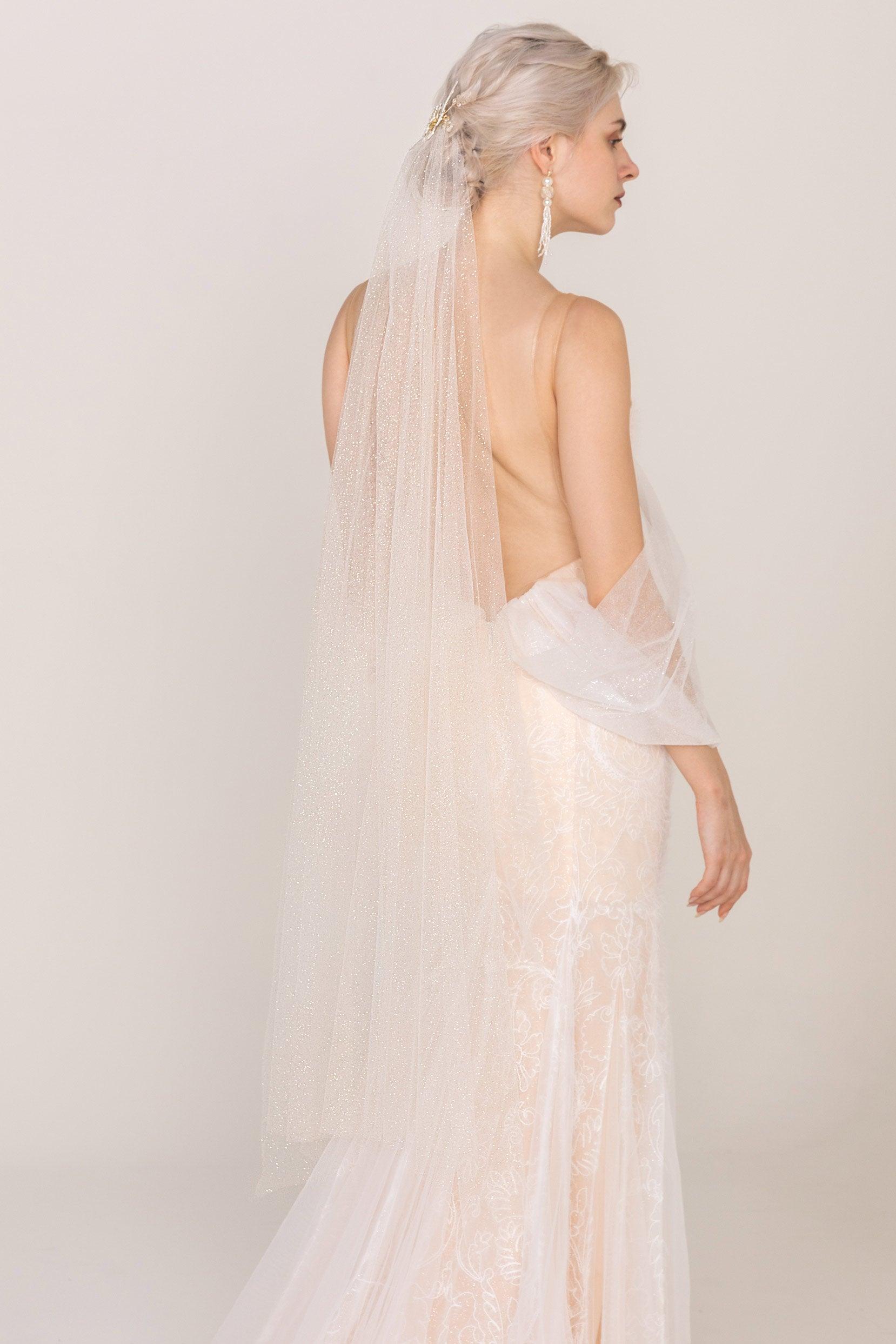 One-tier Cut Edge Tulle Fingertip Veils with Beading CV0255 - COCOMELODY