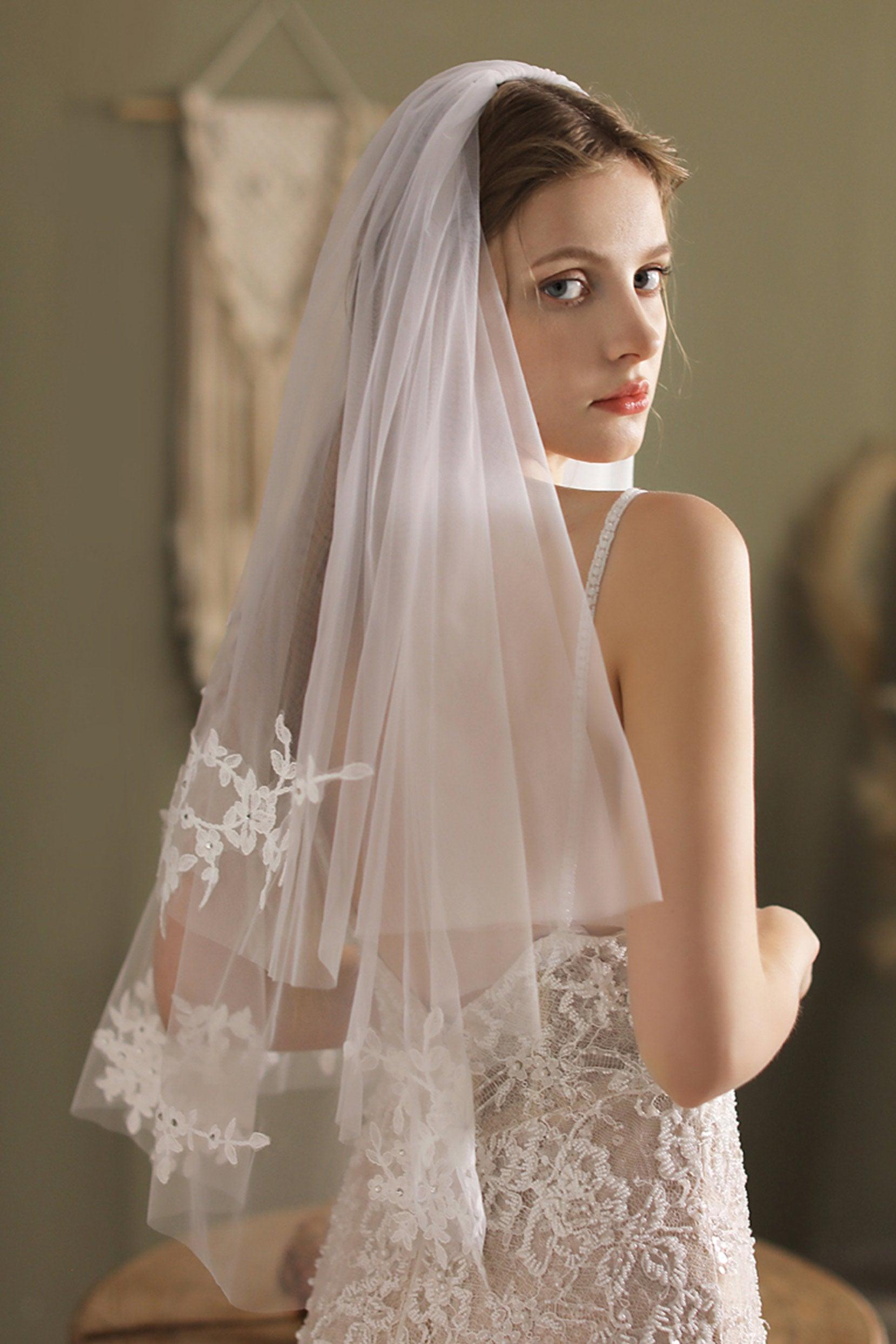 Two-tier Cut Edge Tulle Waist Veils Appliques Beading CV0263 - COCOMELODY