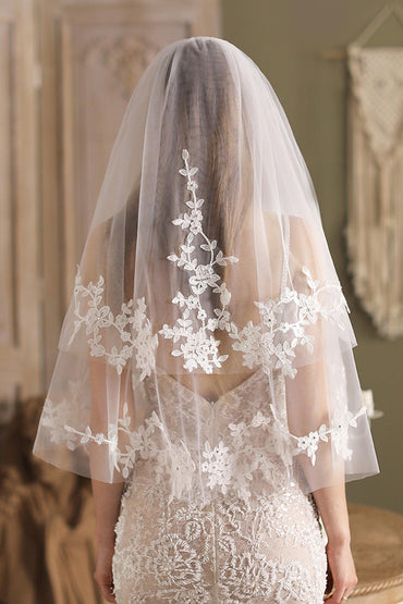 Two-tier Cut Edge Tulle Waist Veils Appliques Beading CV0263 - COCOMELODY