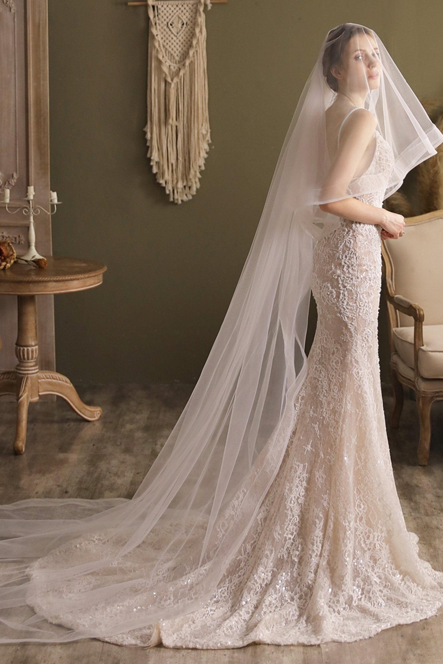 Two-tier Cut Edge Tulle Chapel Veils CV0268