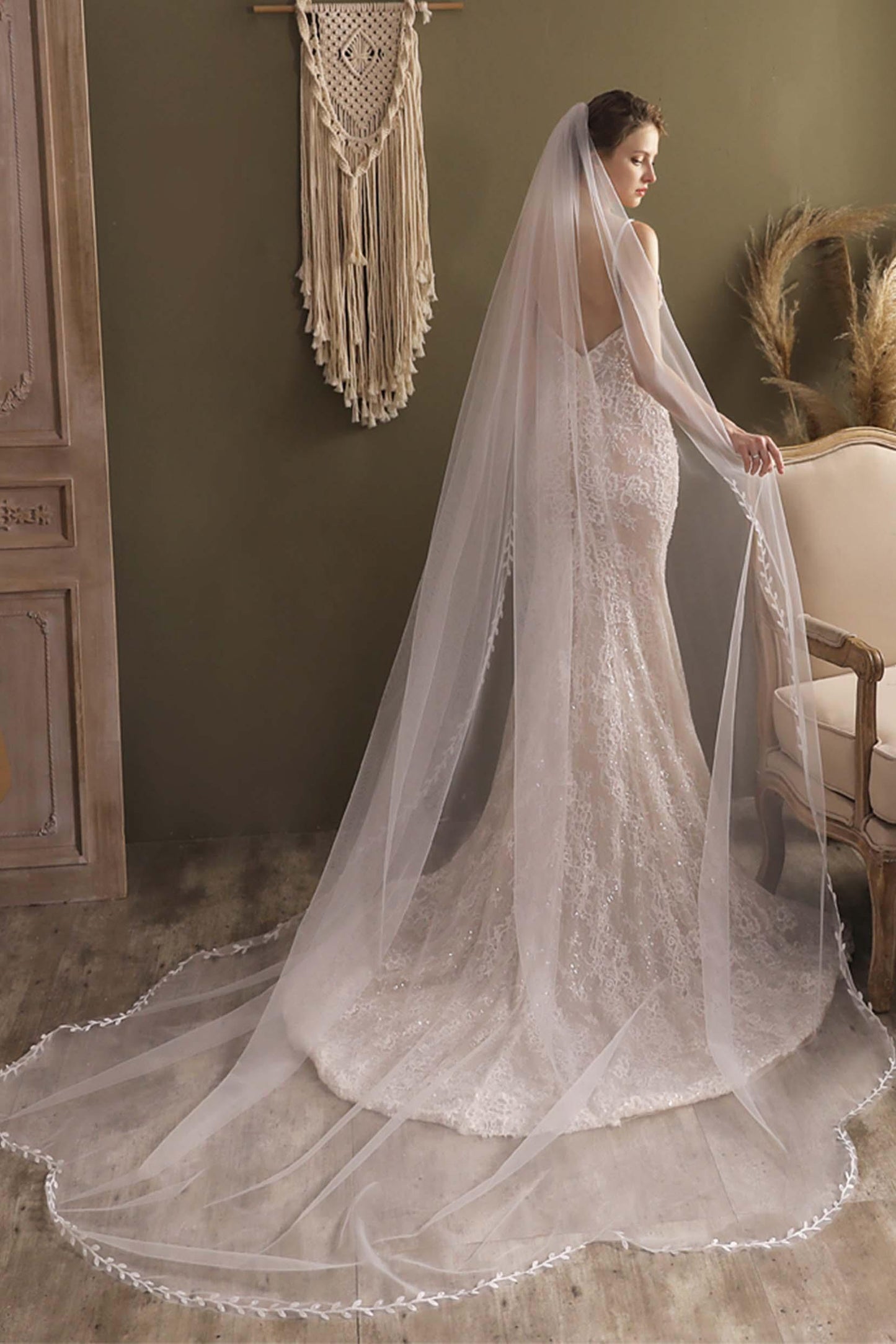 One-tier Leaves Edge Tulle Cathedral Veils CV0298 - COCOMELODY
