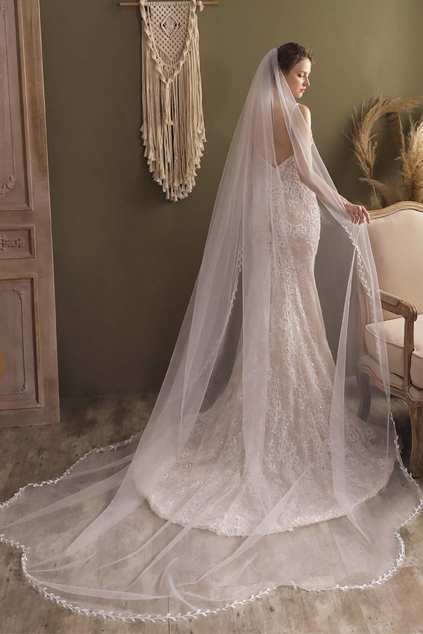 One-tier Leaves Edge Tulle Cathedral Veils CV0298 - COCOMELODY