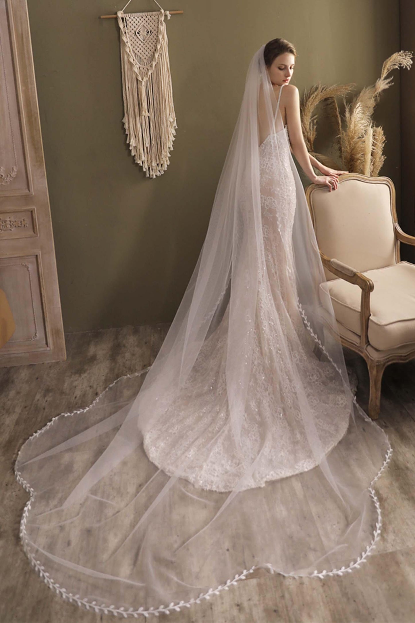 One-tier Leaves Edge Tulle Cathedral Veils CV0298 - COCOMELODY