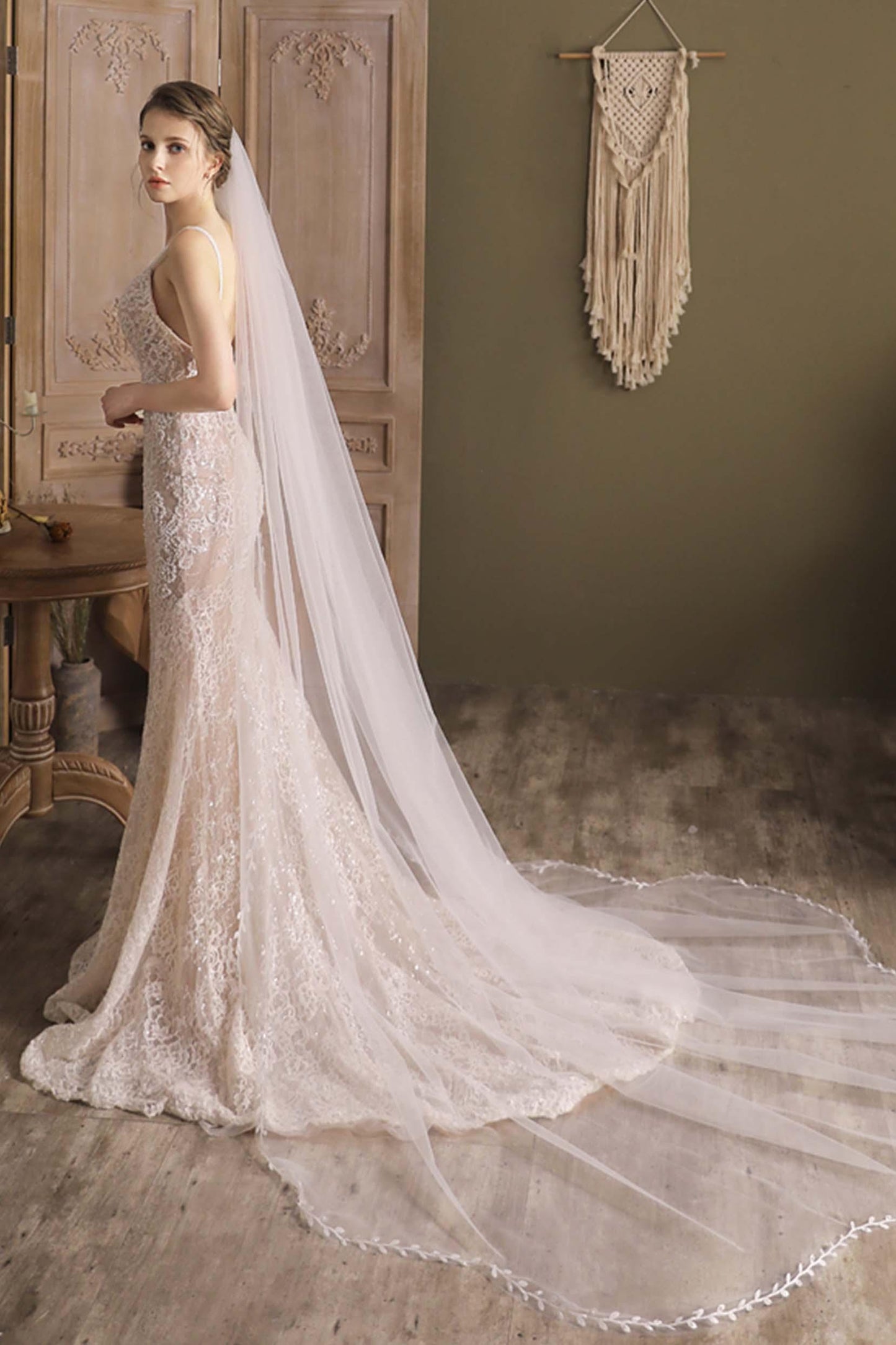 One-tier Leaves Edge Tulle Cathedral Veils CV0298 - COCOMELODY