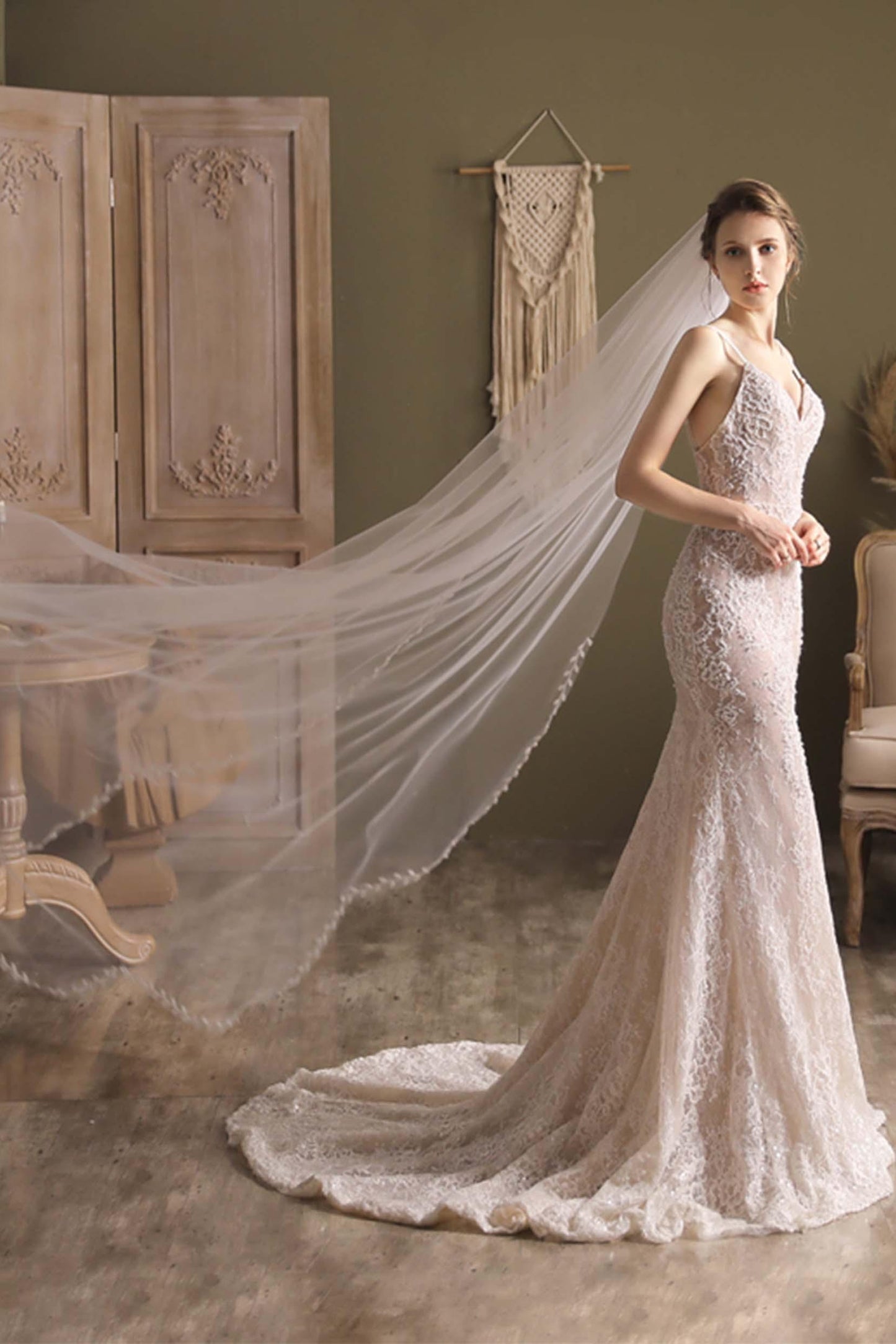 One-tier Leaves Edge Tulle Cathedral Veils CV0298 - COCOMELODY