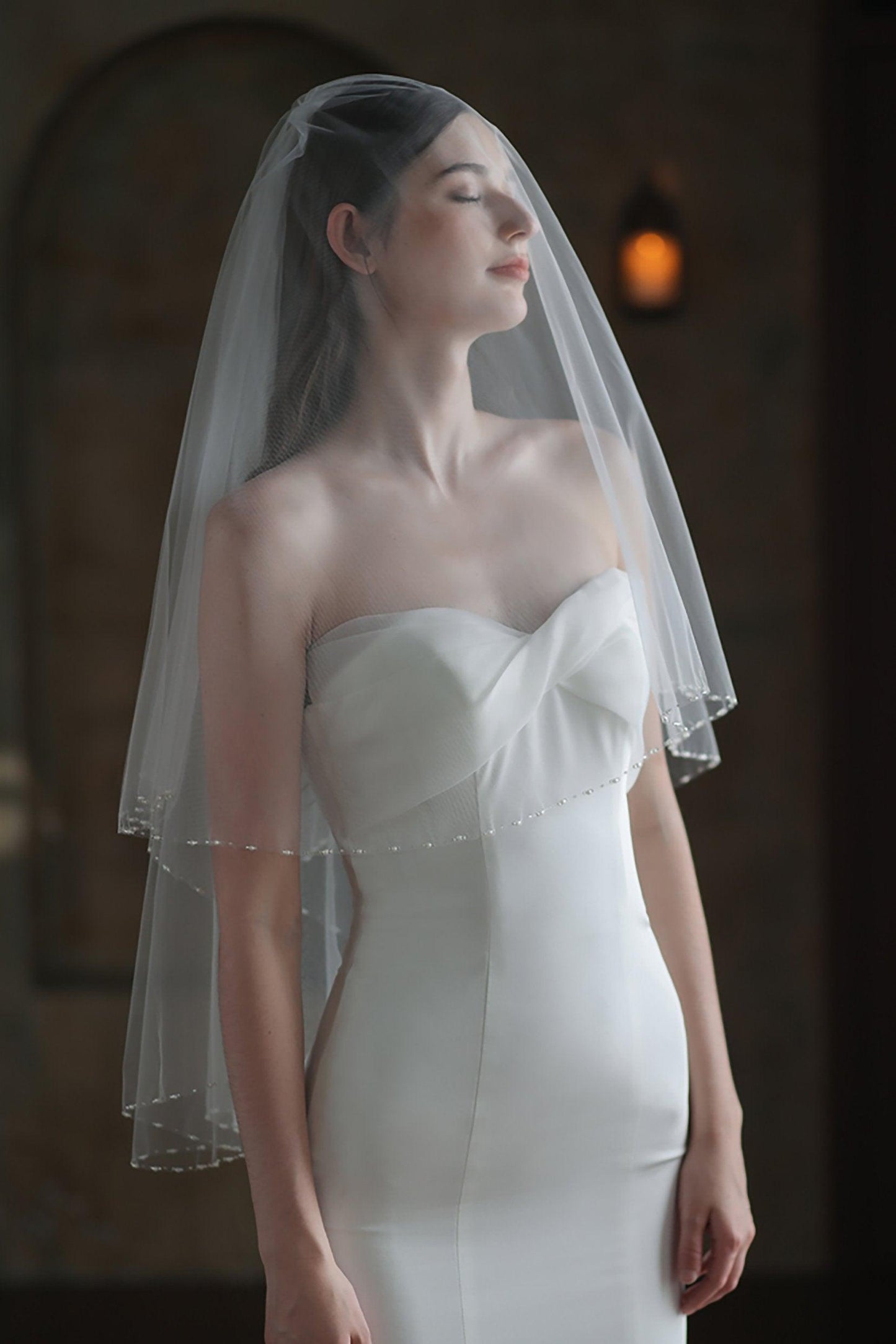 Two-tier Beaded Edge Tulle Hip Veils with Pearls CV0307 - COCOMELODY