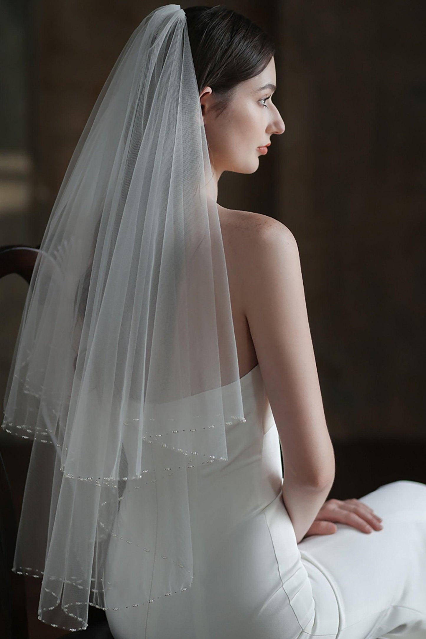 Two-tier Beaded Edge Tulle Hip Veils with Pearls CV0307 - COCOMELODY