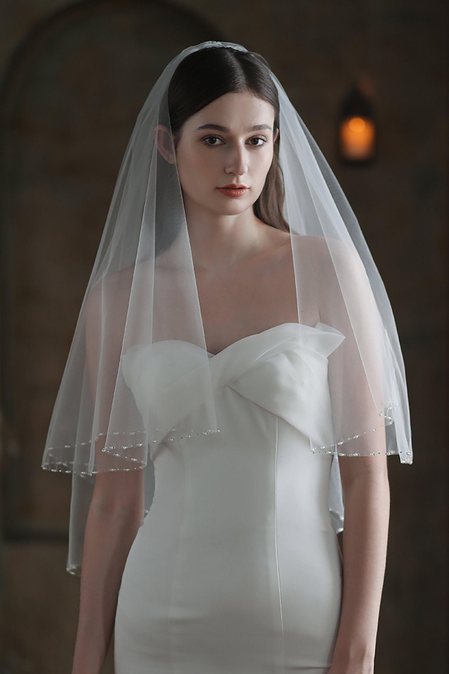 Two-tier Beaded Edge Tulle Hip Veils with Pearls CV0307 - COCOMELODY