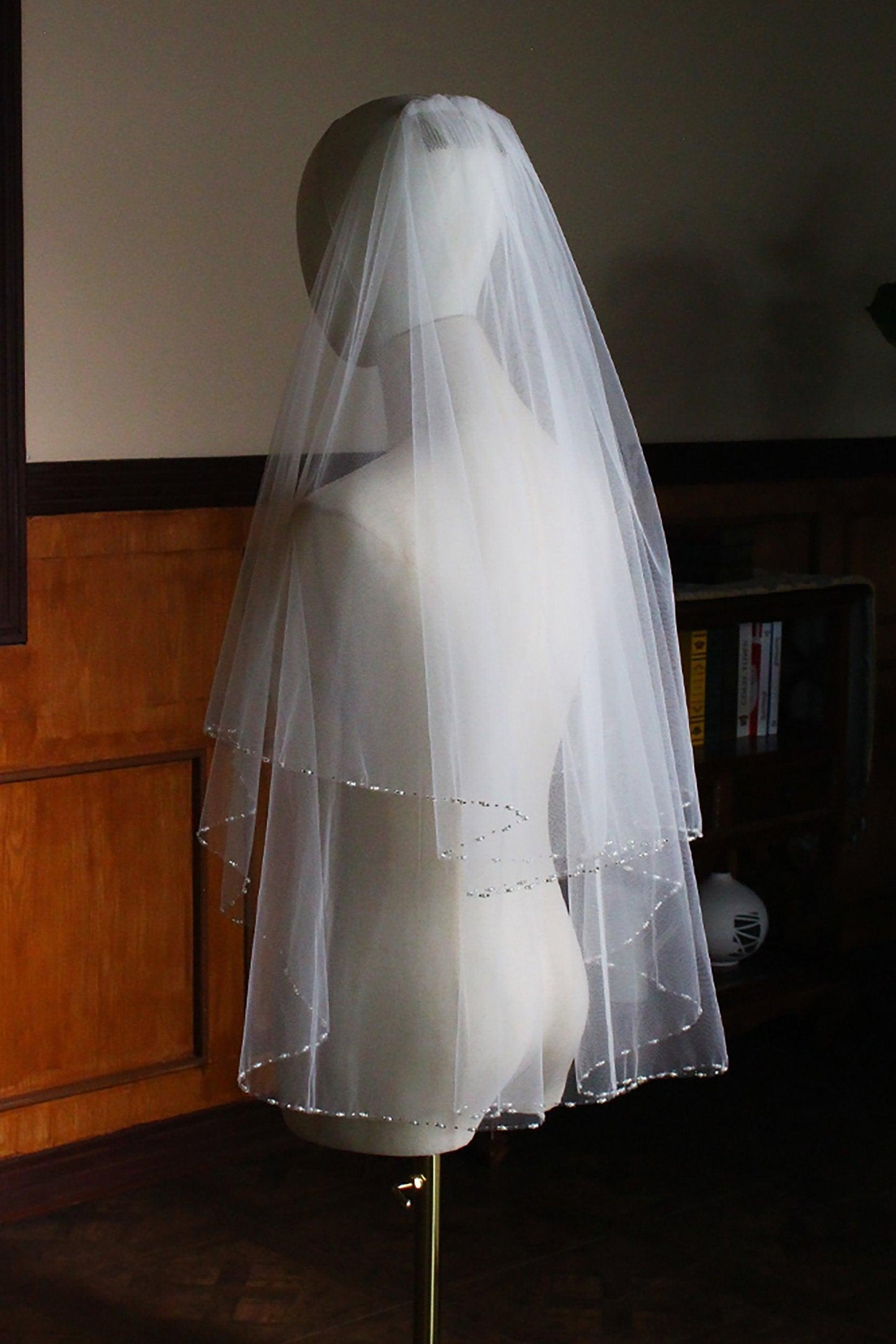 Two-tier Beaded Edge Tulle Hip Veils with Pearls CV0307 - COCOMELODY