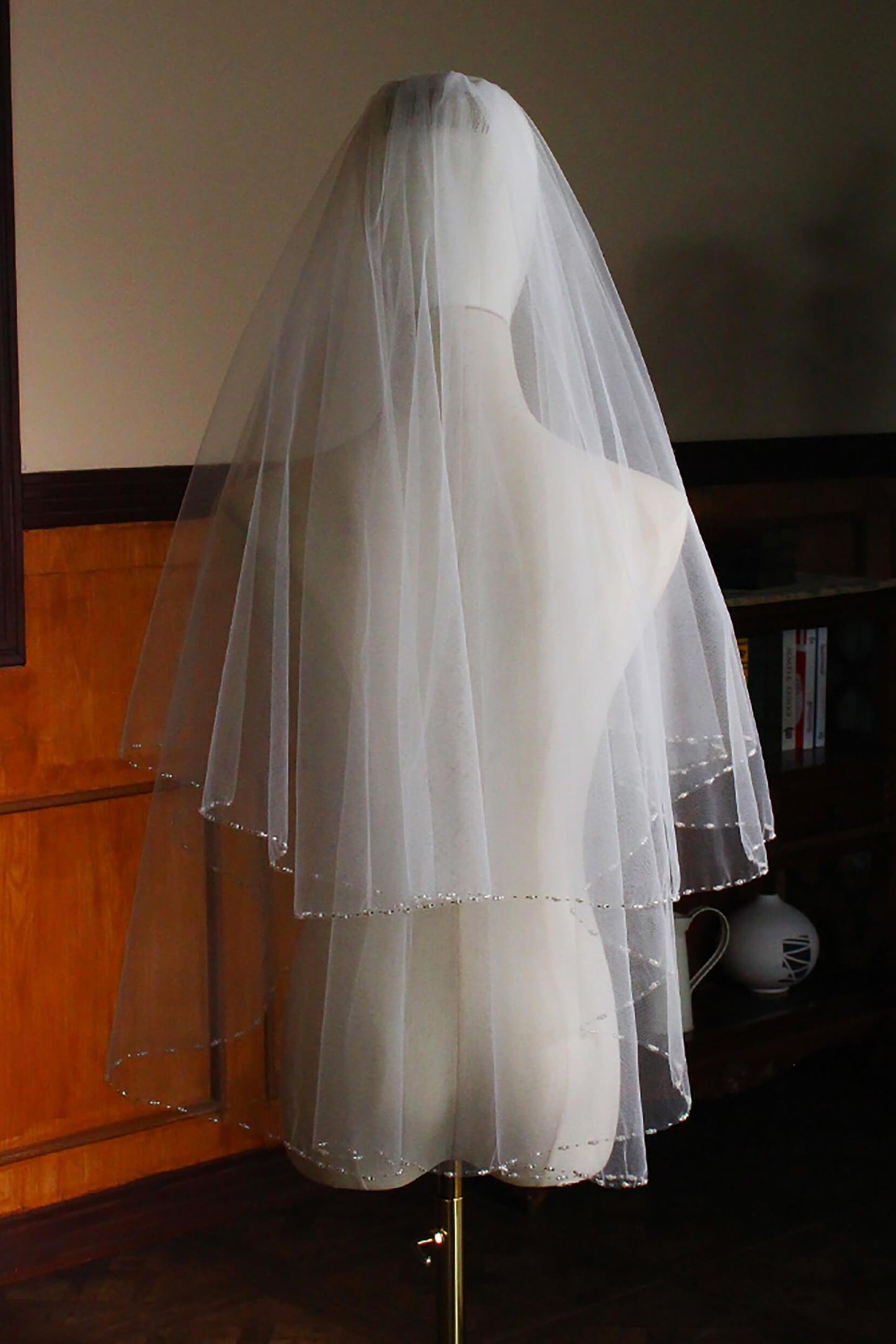 Two-tier Beaded Edge Tulle Hip Veils with Pearls CV0307 - COCOMELODY