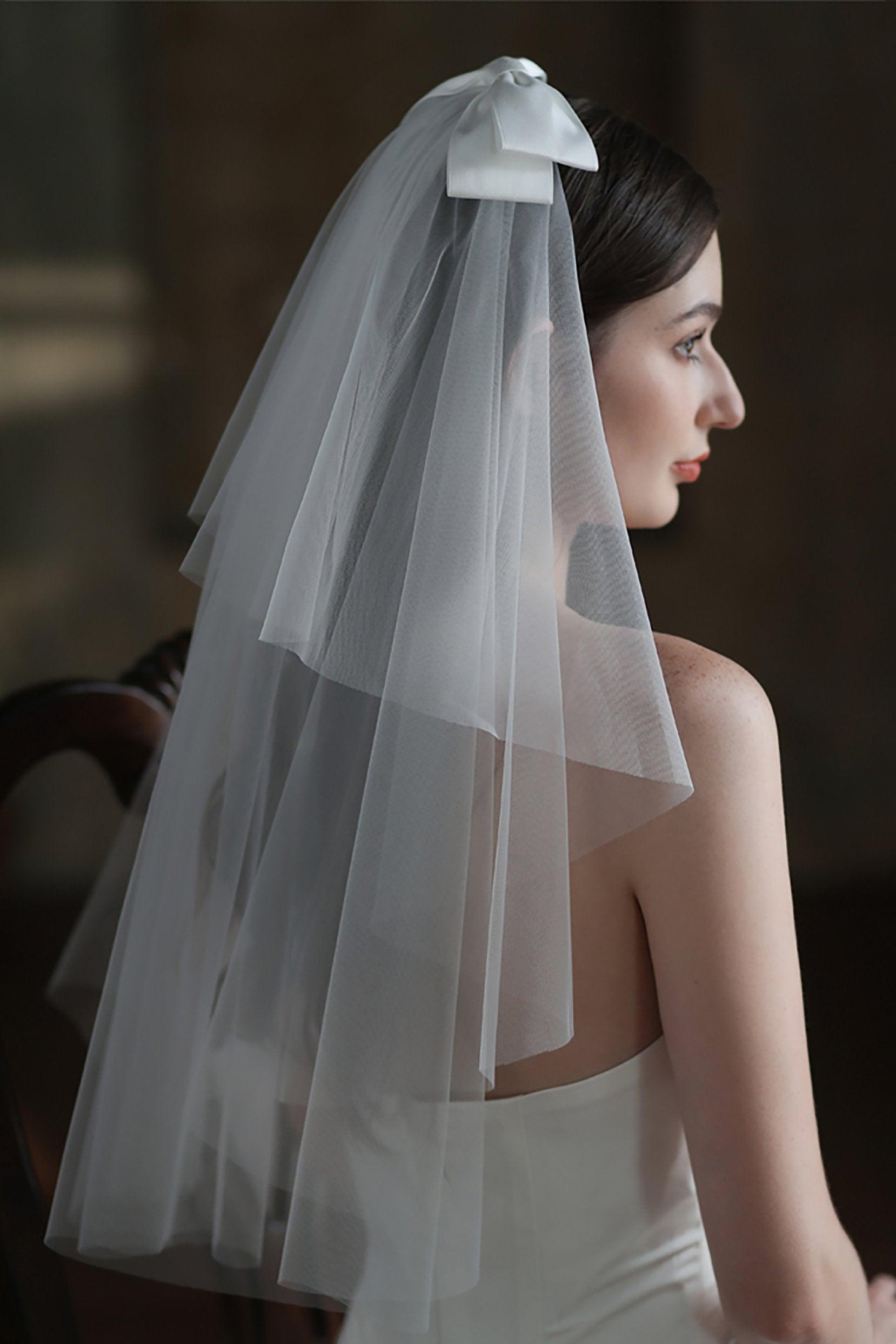 Two-tier Cut Edge Tulle Waist Veils with Bow CV0308 - COCOMELODY