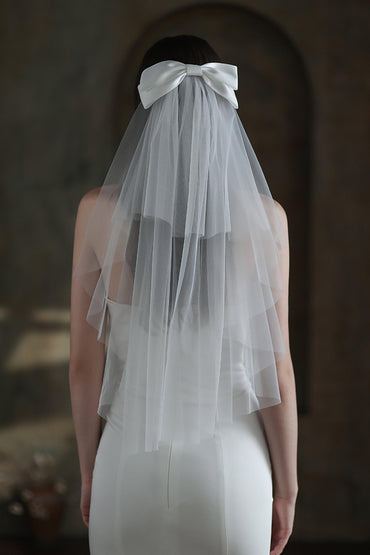 Two-tier Cut Edge Tulle Waist Veils with Bow CV0308 - COCOMELODY