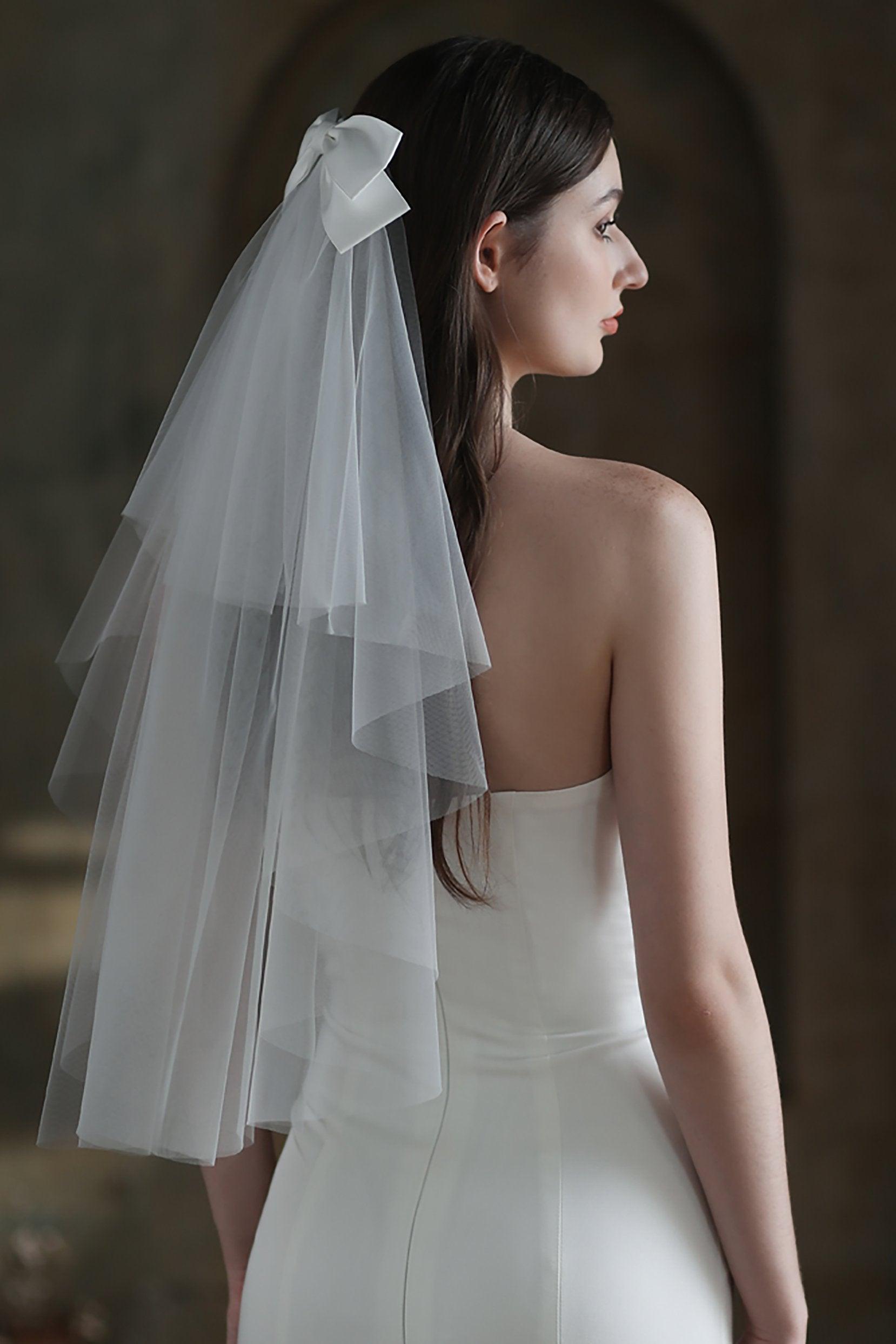 Two-tier Cut Edge Tulle Waist Veils with Bow CV0308 - COCOMELODY