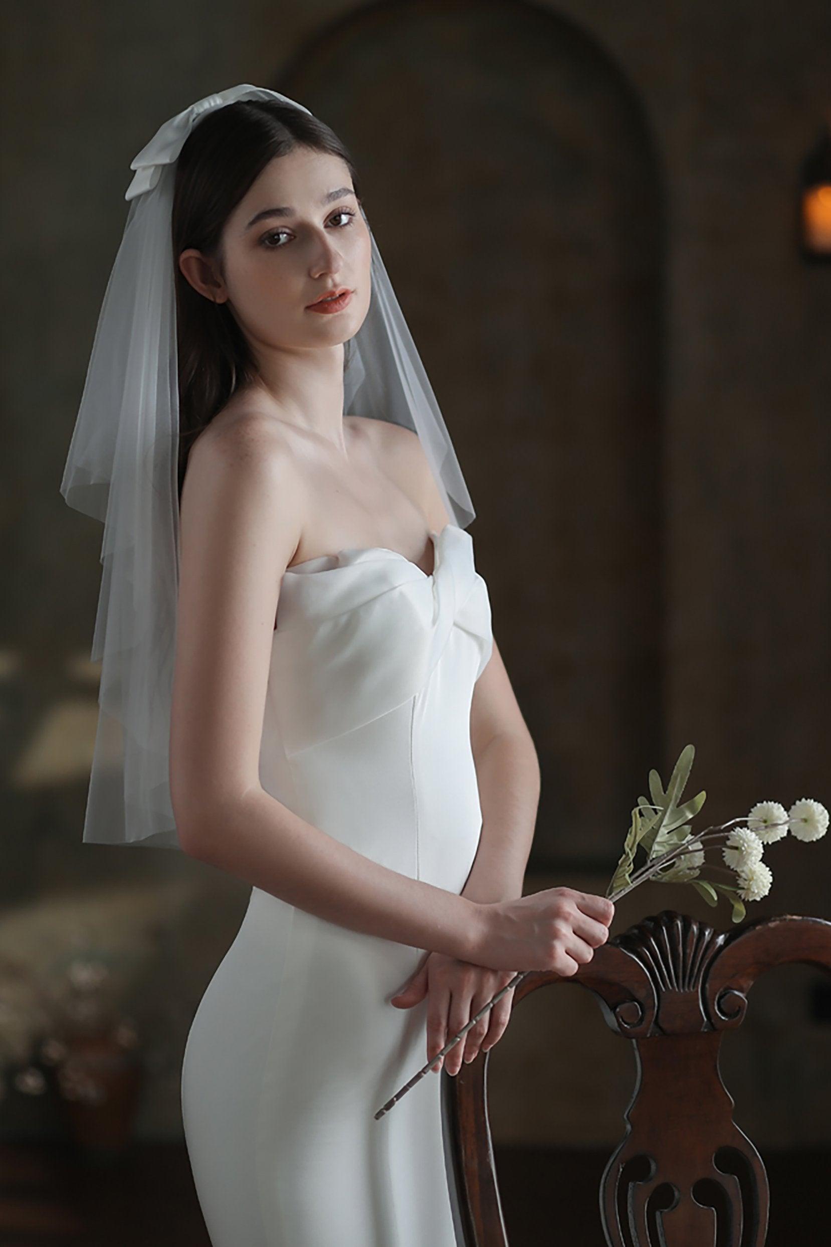 Two-tier Cut Edge Tulle Waist Veils with Bow CV0308 - COCOMELODY