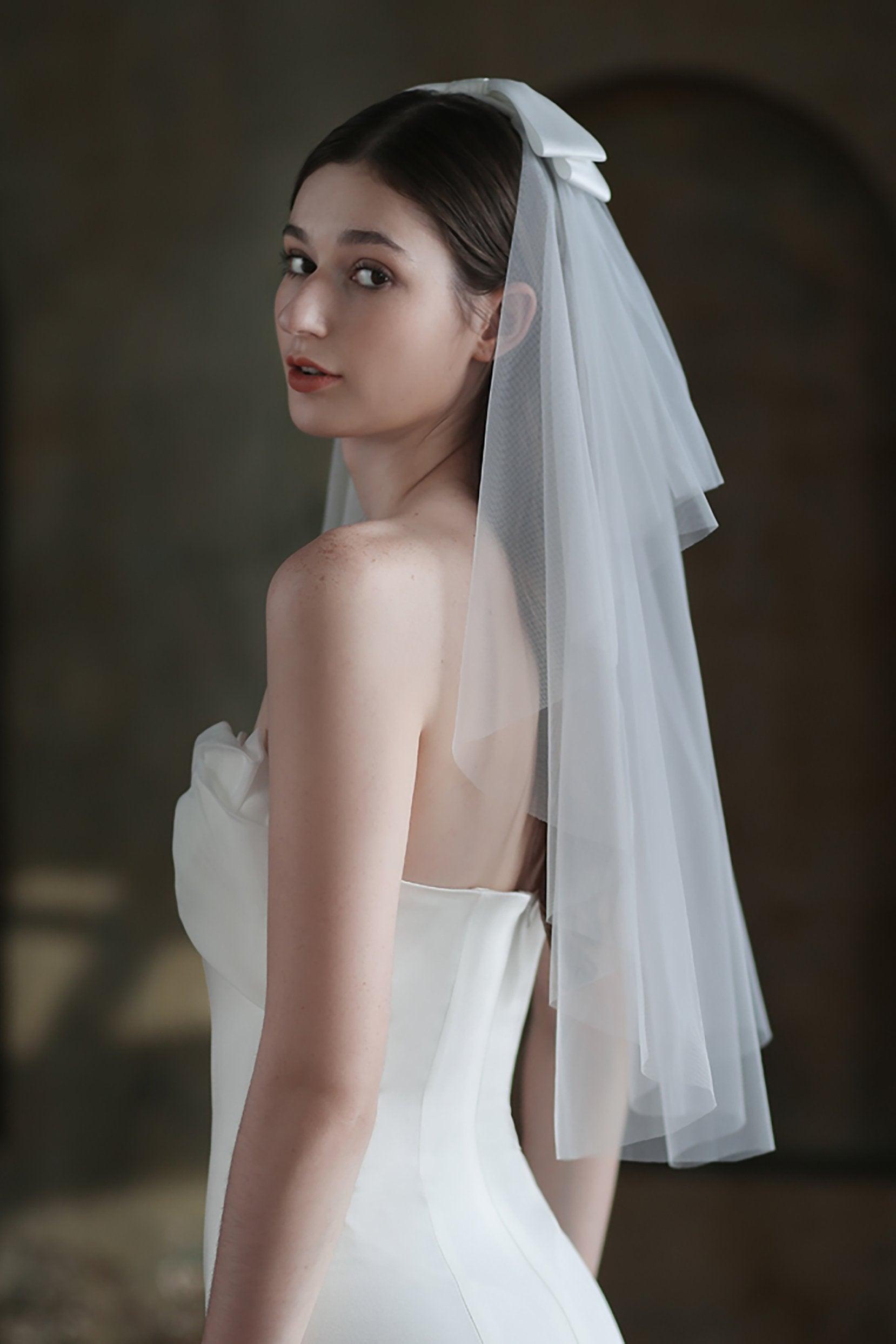 Two-tier Cut Edge Tulle Waist Veils with Bow CV0308 - COCOMELODY