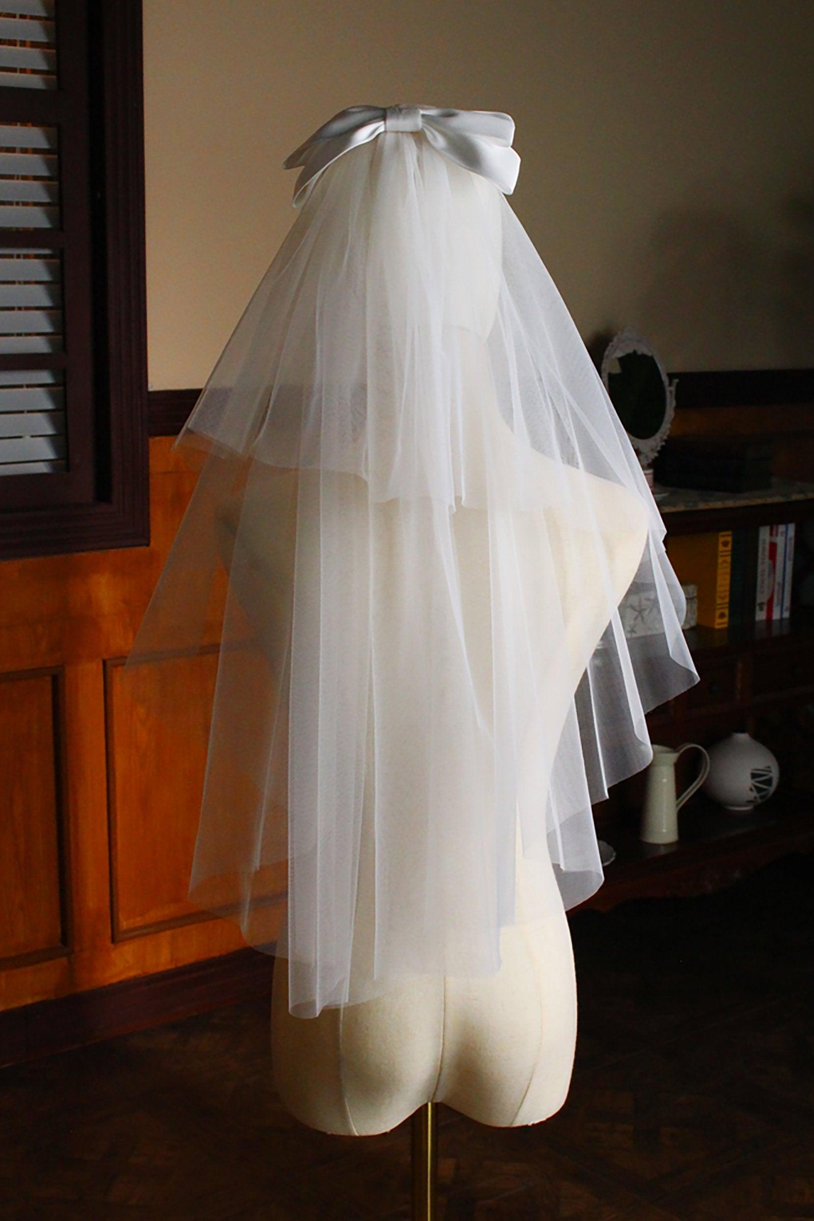Two-tier Cut Edge Tulle Waist Veils with Bow CV0308 - COCOMELODY