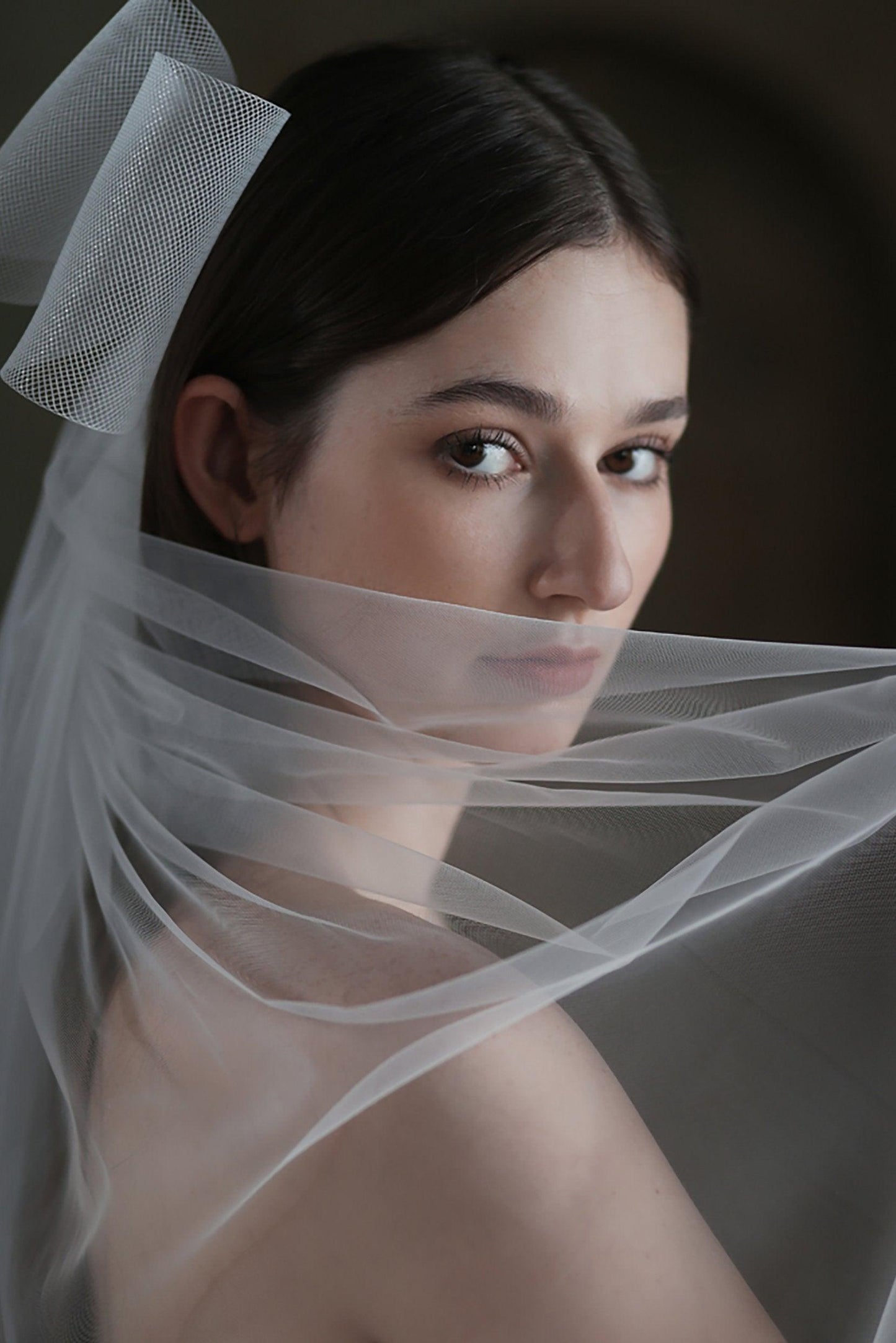 One-tier Cut Edge Tulle Hip Veils with Bow CV0309