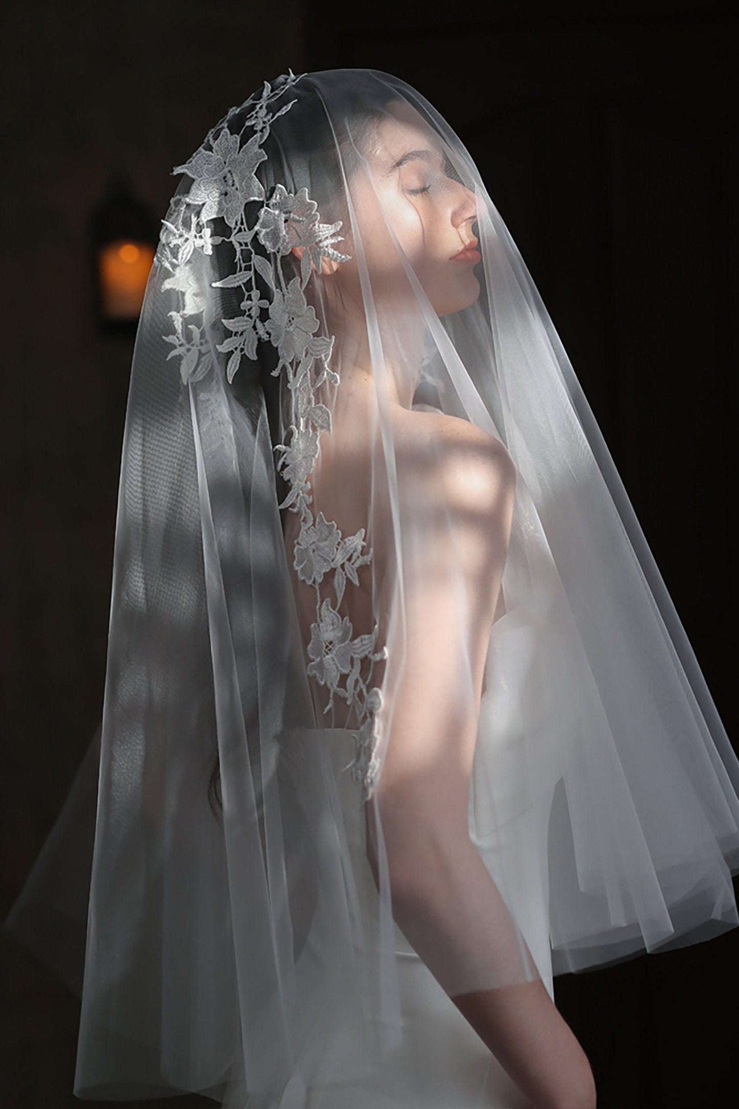 Two-tier Cut Edge Tulle Waist Veils with Appliques CV0310 - COCOMELODY