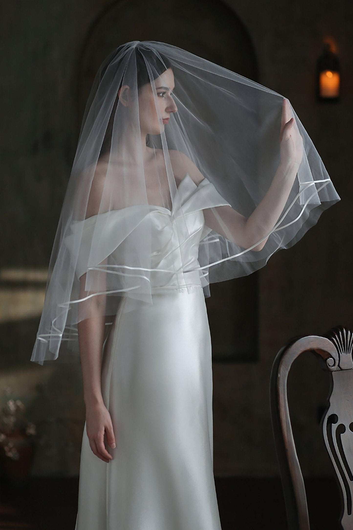 Two-tier Satin Edge Tulle Waist Veils with Ribbons CV0313 - COCOMELODY