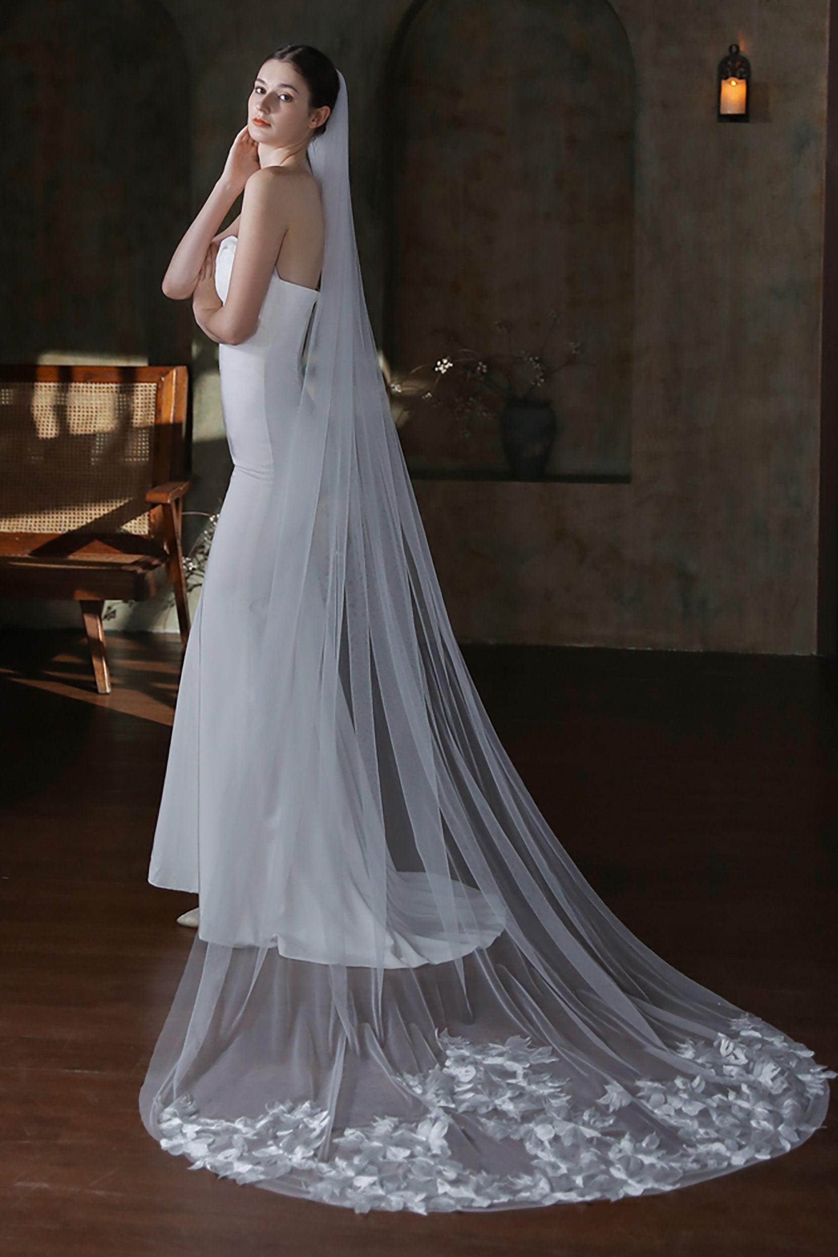 One-tier Lace Edge Tulle Chapel Veils with Appliques CV0316 - COCOMELODY