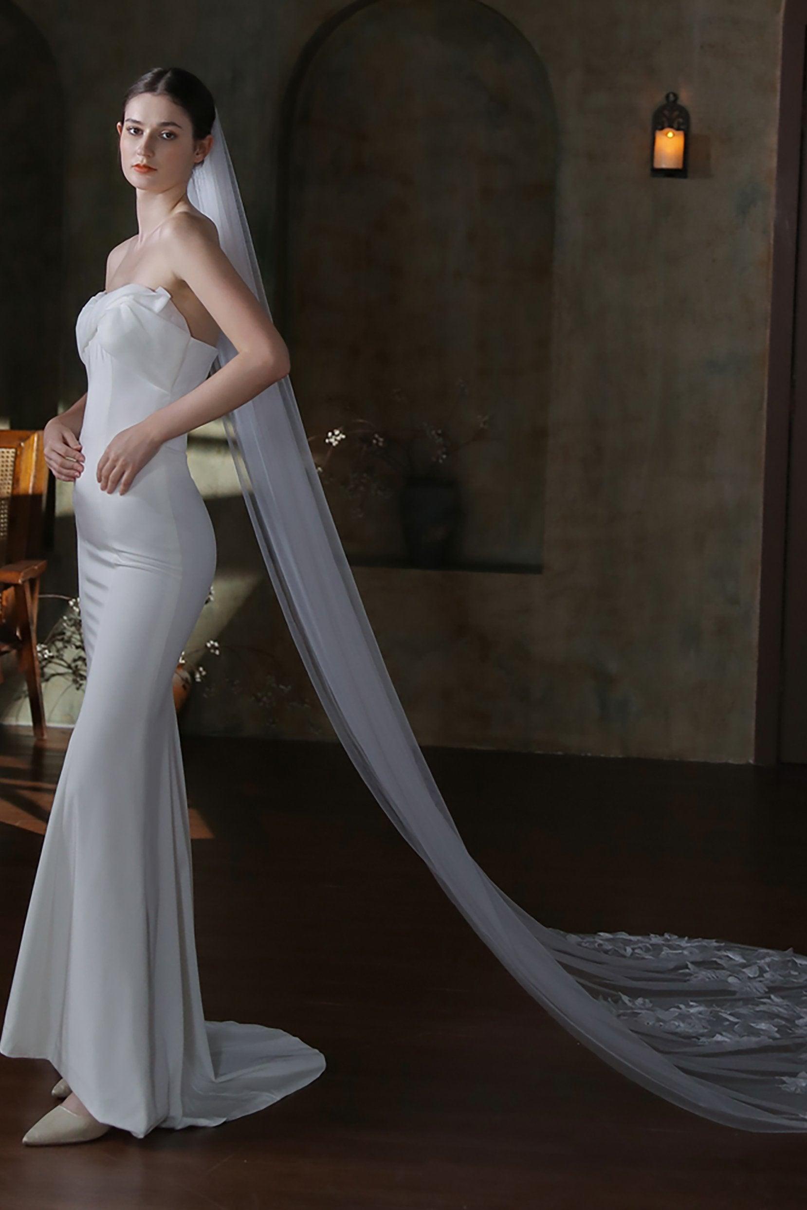 One-tier Lace Edge Tulle Chapel Veils with Appliques CV0316 - COCOMELODY