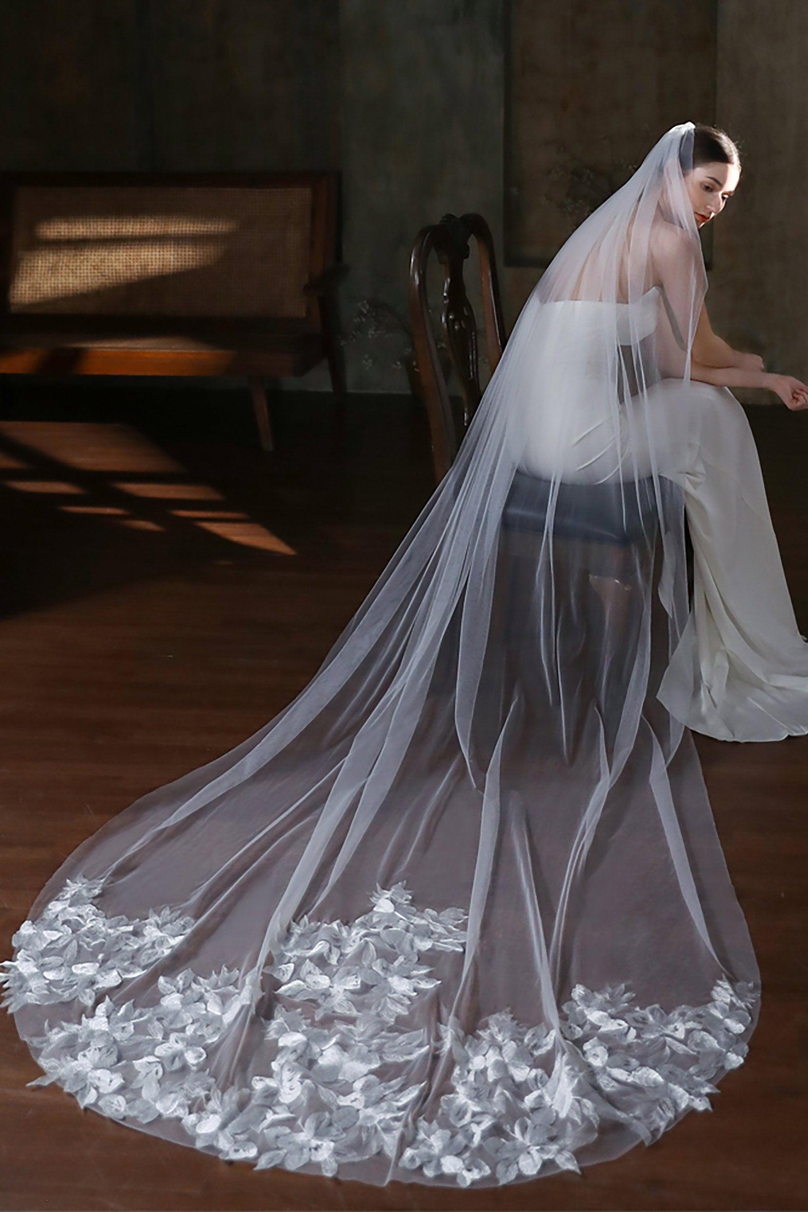 One-tier Lace Edge Tulle Chapel Veils with Appliques CV0316 - COCOMELODY