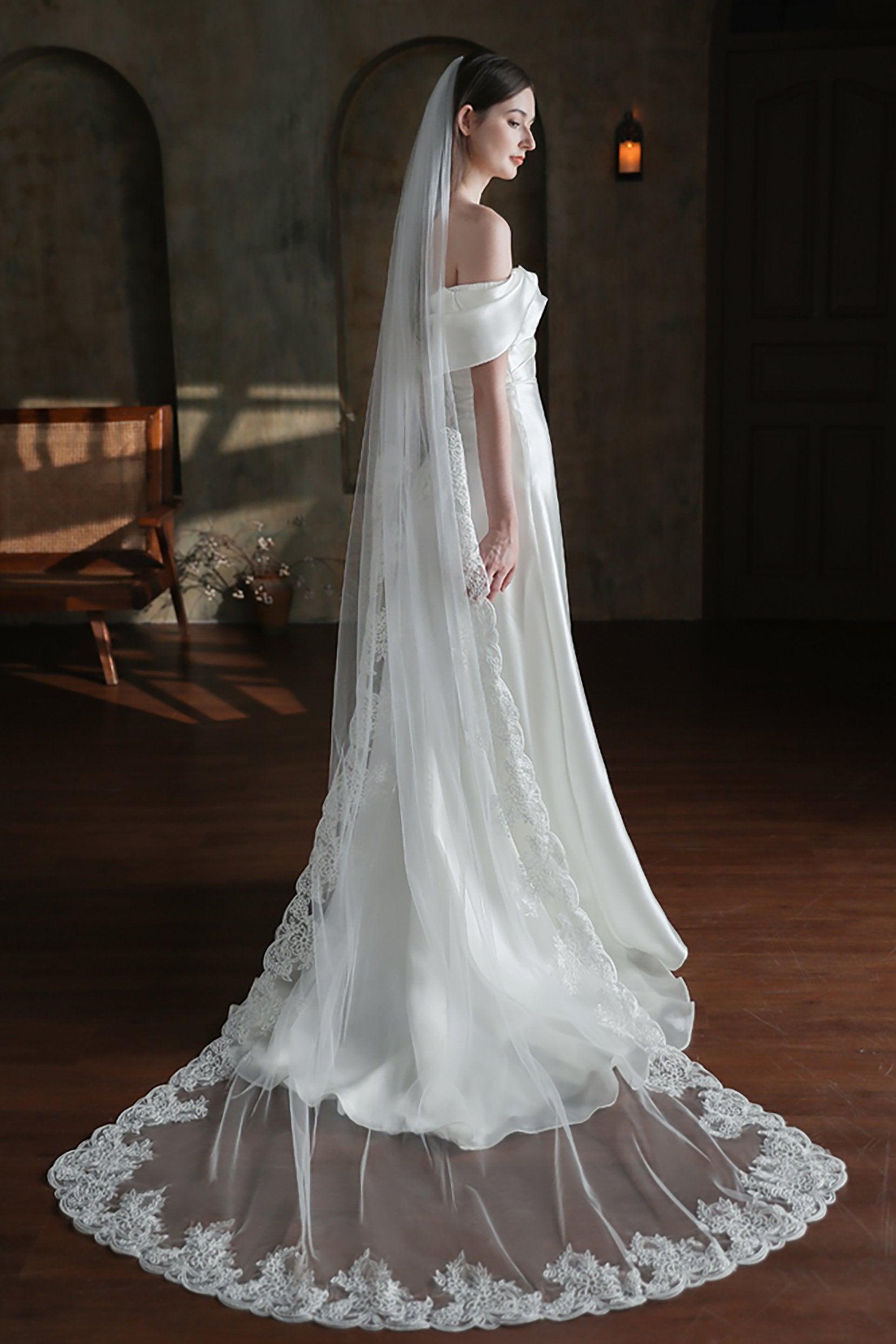 One-tier Lace Edge Tulle Chapel Veils with Appliques CV0317 - COCOMELODY