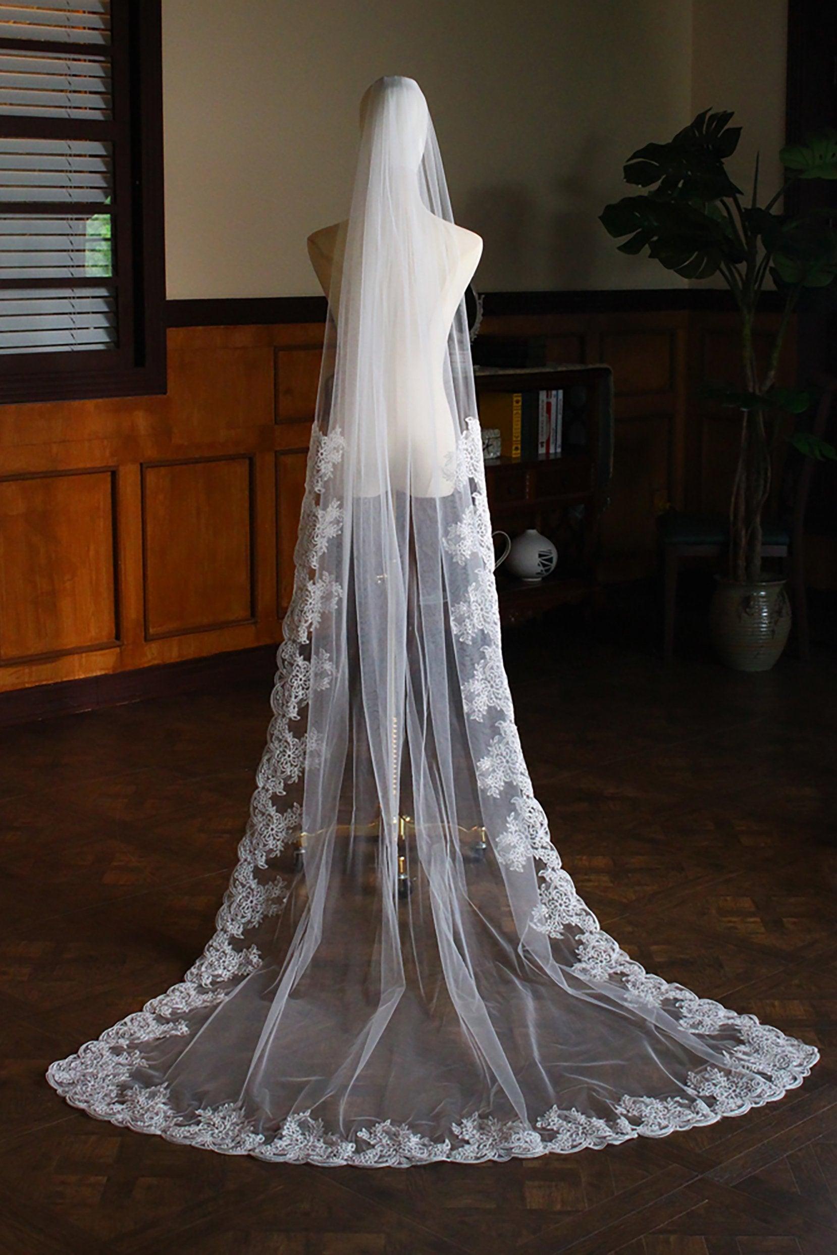 One-tier Lace Edge Tulle Chapel Veils with Appliques CV0317 - COCOMELODY