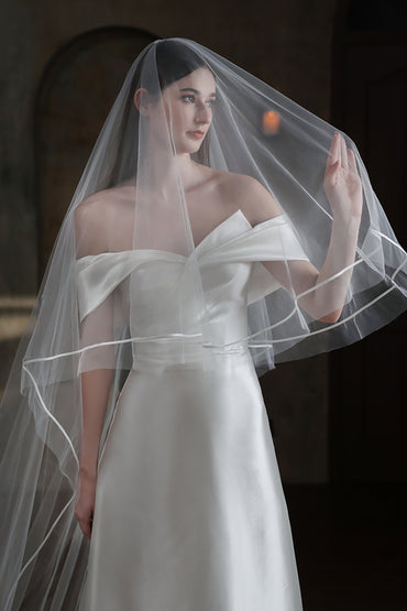 Two-tier Satin Edge Tulle Chapel Veils with Ribbons CV0319