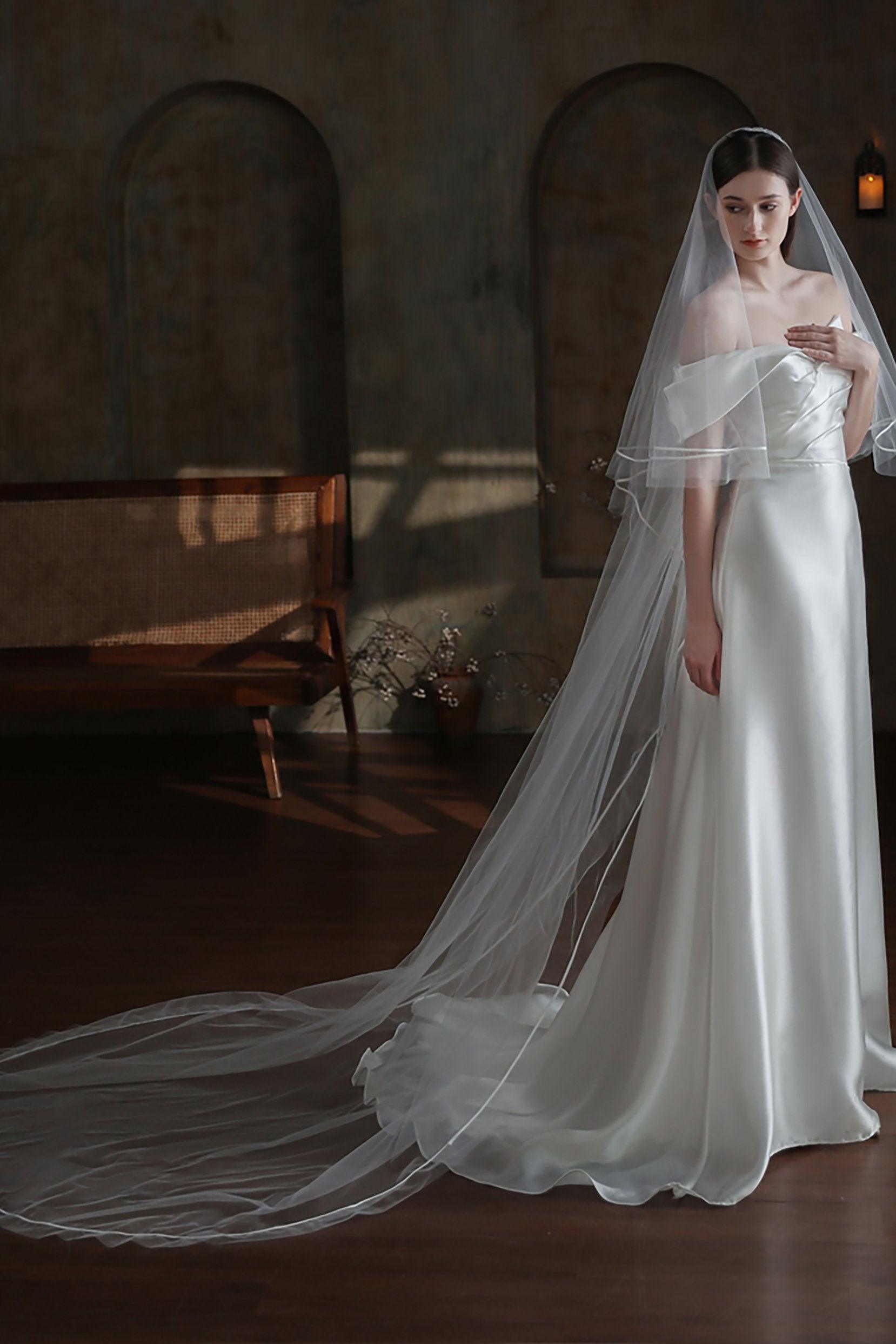 Two-tier Satin Edge Tulle Chapel Veils with Ribbons CV0319 - COCOMELODY