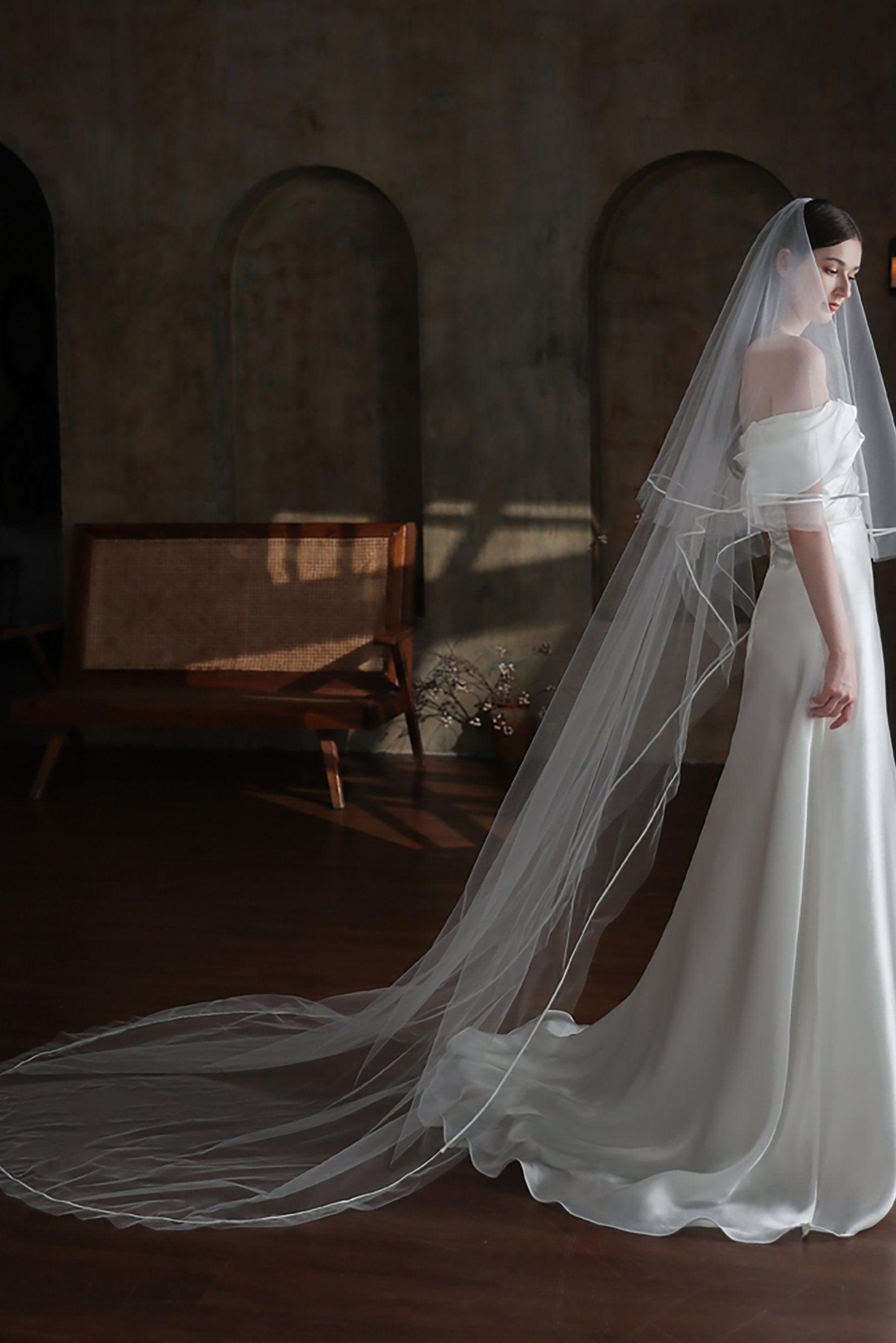 Two-tier Satin Edge Tulle Chapel Veils with Ribbons CV0319 - COCOMELODY