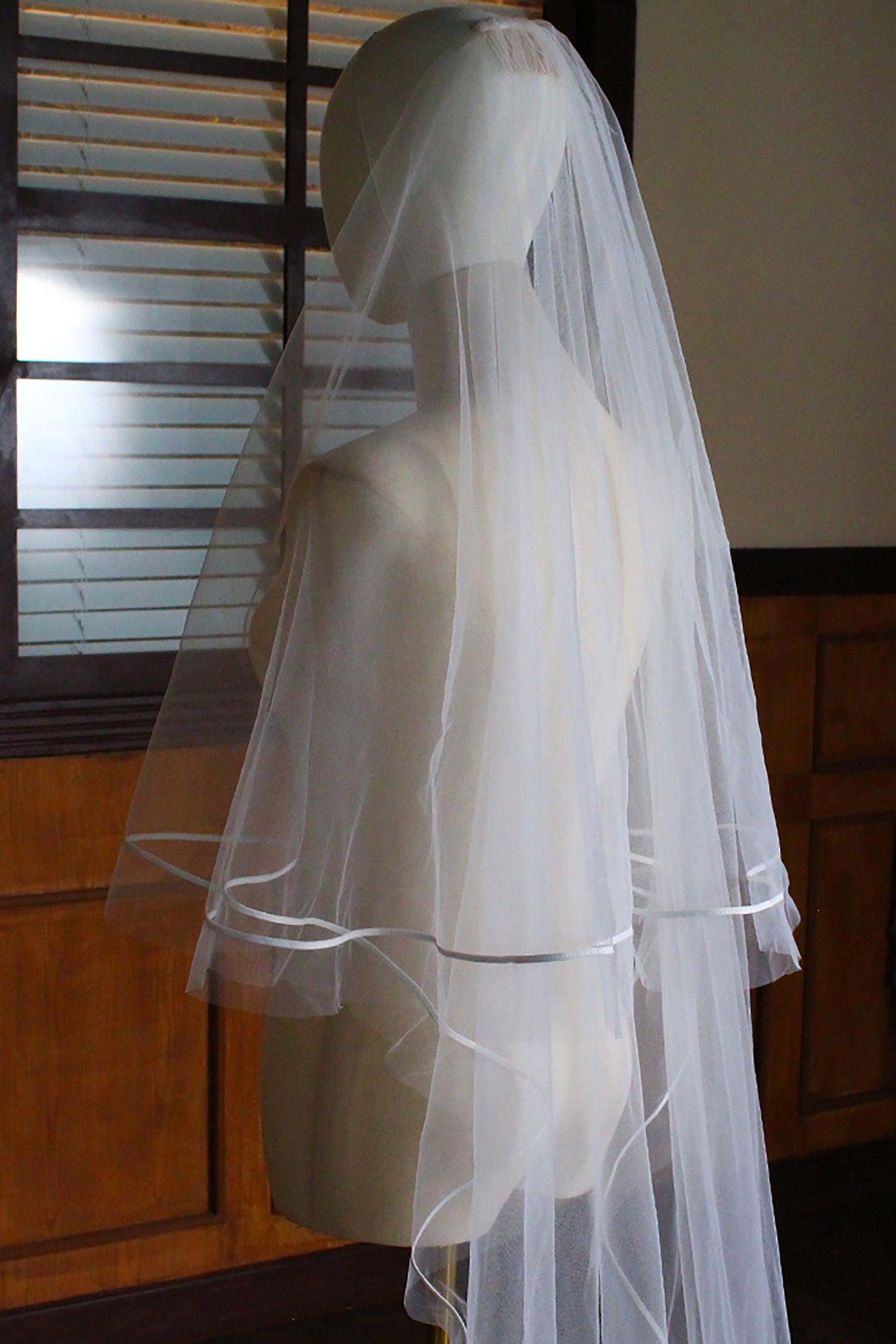 Two-tier Satin Edge Tulle Chapel Veils with Ribbons CV0319 - COCOMELODY