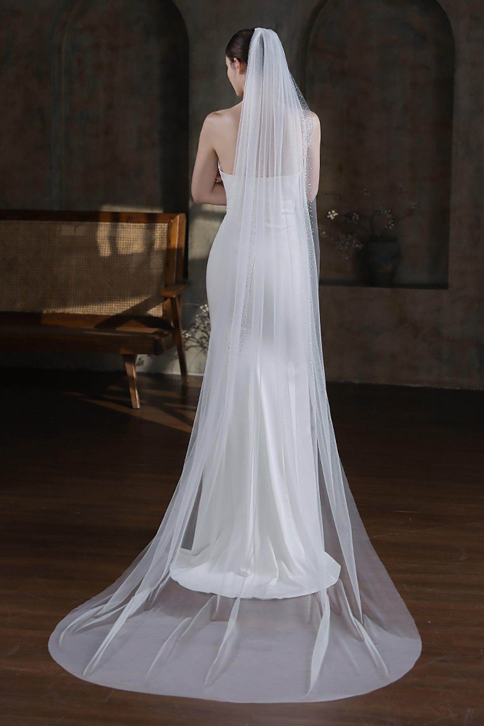 One-tier Cut Edge Tulle Chapel Veils with Sequin CV0321 - COCOMELODY