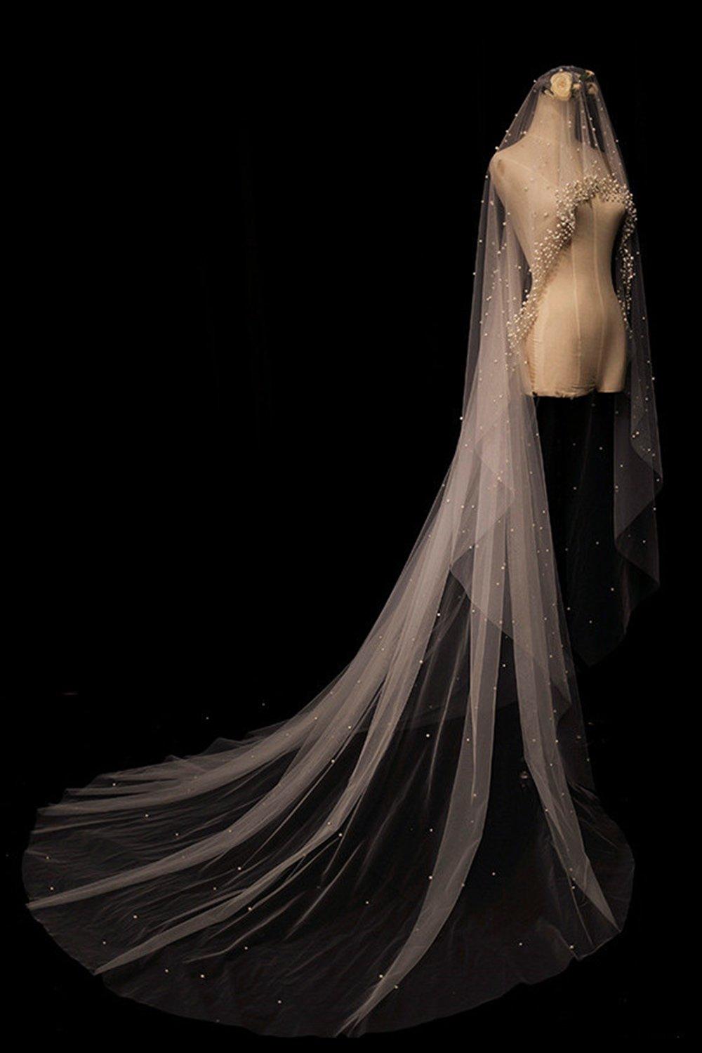 One-tier Cut Edge Tulle Chapel Veils with Pearls CV0348 - COCOMELODY