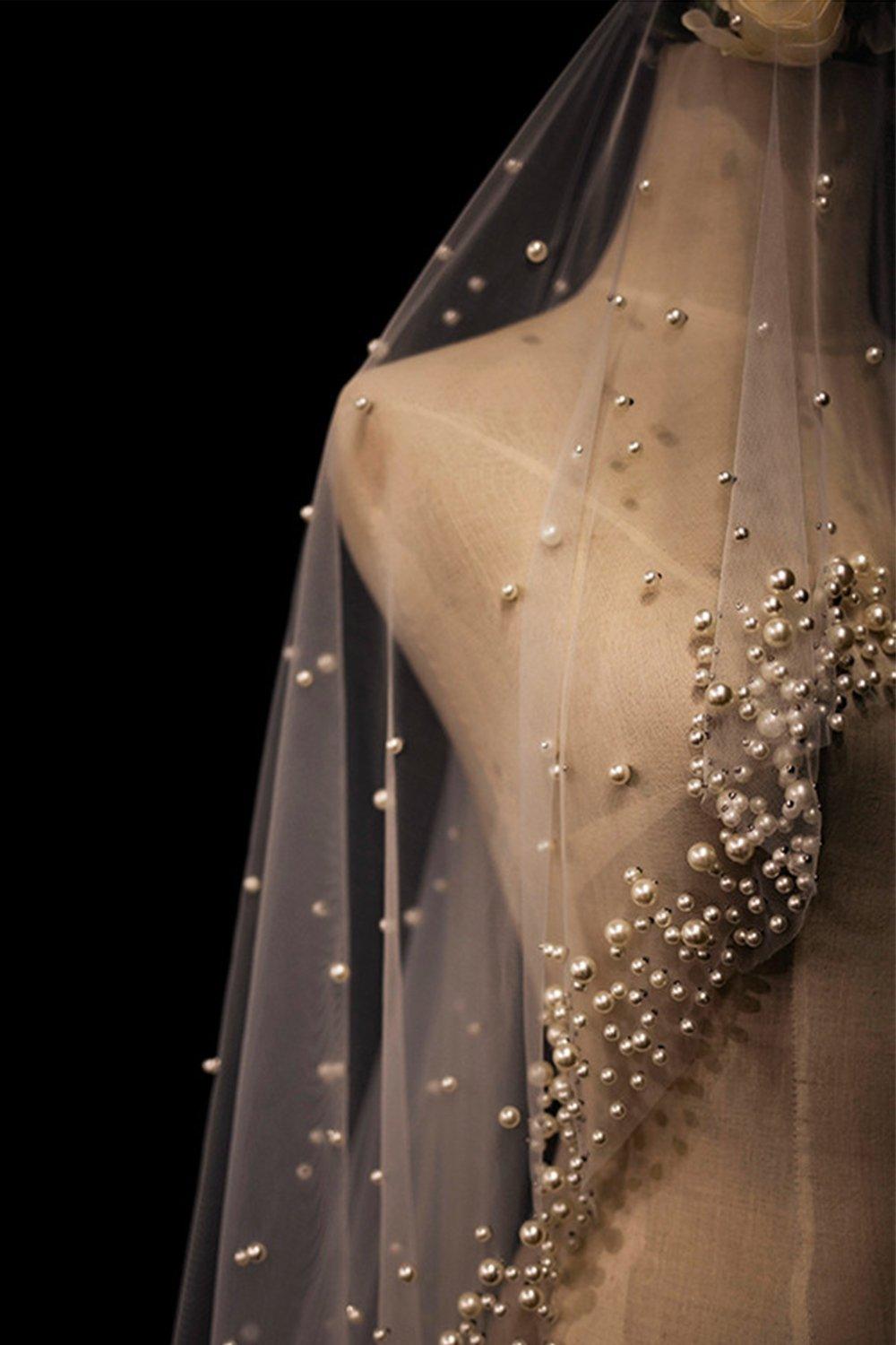 One-tier Cut Edge Tulle Chapel Veils with Pearls CV0348 - COCOMELODY
