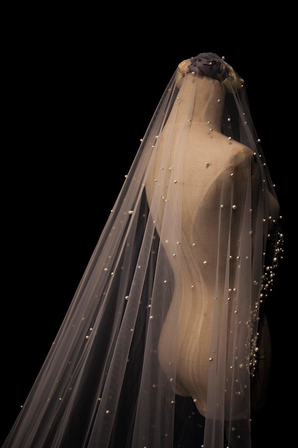 One-tier Cut Edge Tulle Chapel Veils with Pearls CV0348 - COCOMELODY