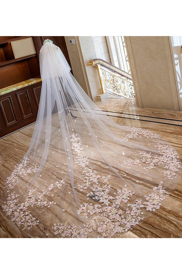Two-tier Lace Edge Tulle Lace Cathedral Veils with Appliques CV0354 - COCOMELODY
