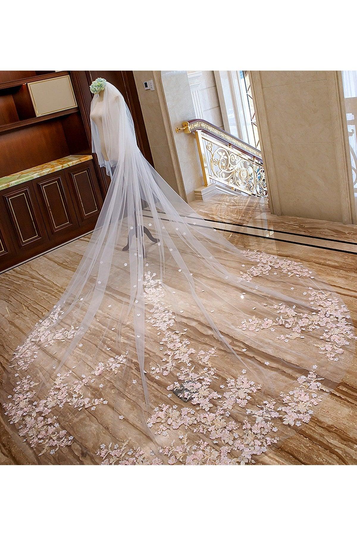 Two-tier Lace Edge Tulle Lace Cathedral Veils with Appliques CV0354 - COCOMELODY